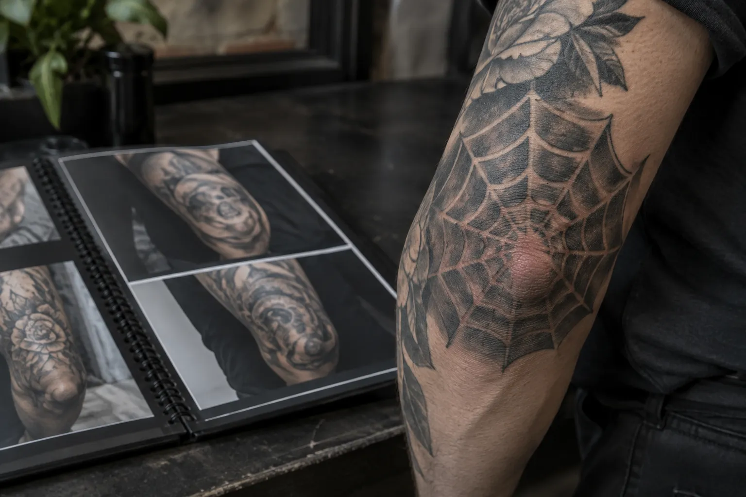 A spiderweb tattoo covers a person's elbow beside an open tattoo portfolio.