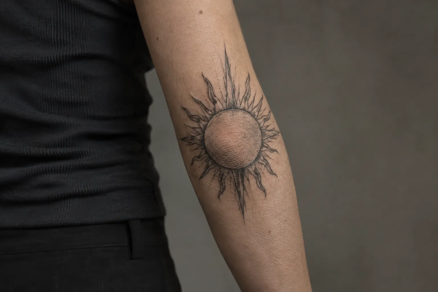 A sun tattoo covers the point of a person's elbow as they stand in dark clothing.