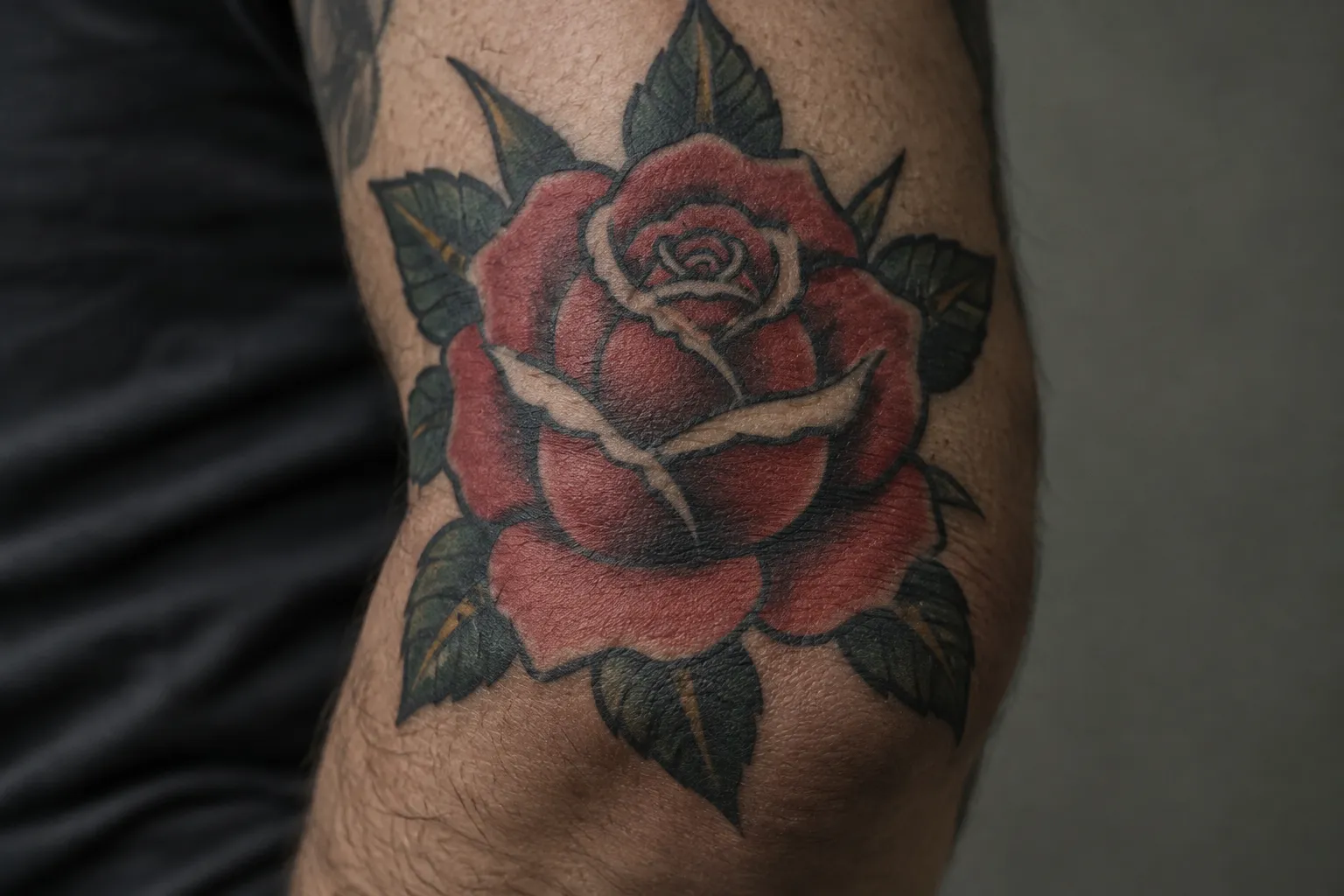 A red rose tattoo covers the point of a bent elbow.