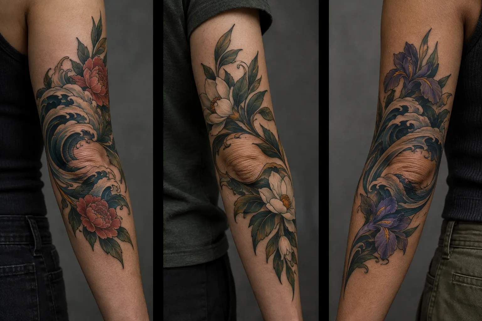 Three arms with Japanese-style wave and flower tattoos wrapping the elbow, the bony point left bare.