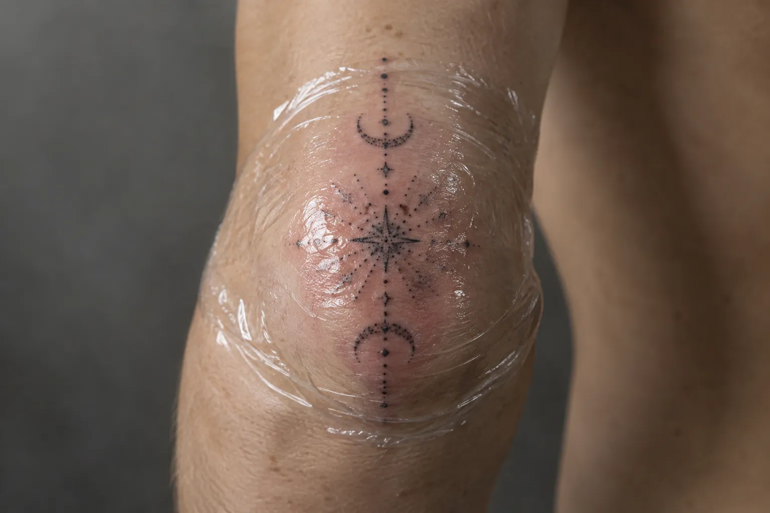 A fresh geometric tattoo on the point of an elbow is covered with clear protective film.