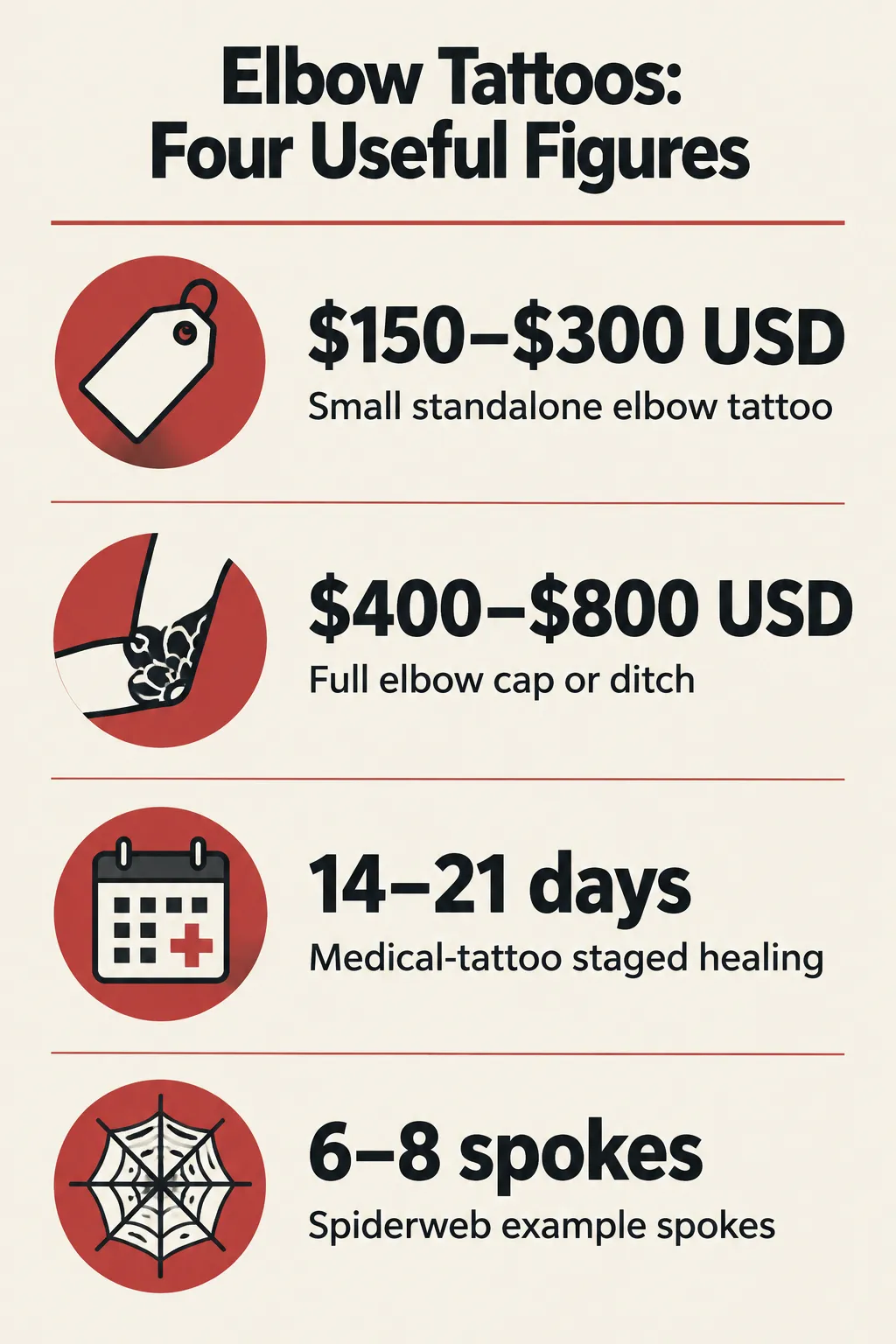Elbow tattoo figures: $150-$300 small piece, $400-$800 full cap or ditch, 14-21 days staged healing, 6-8 web spokes