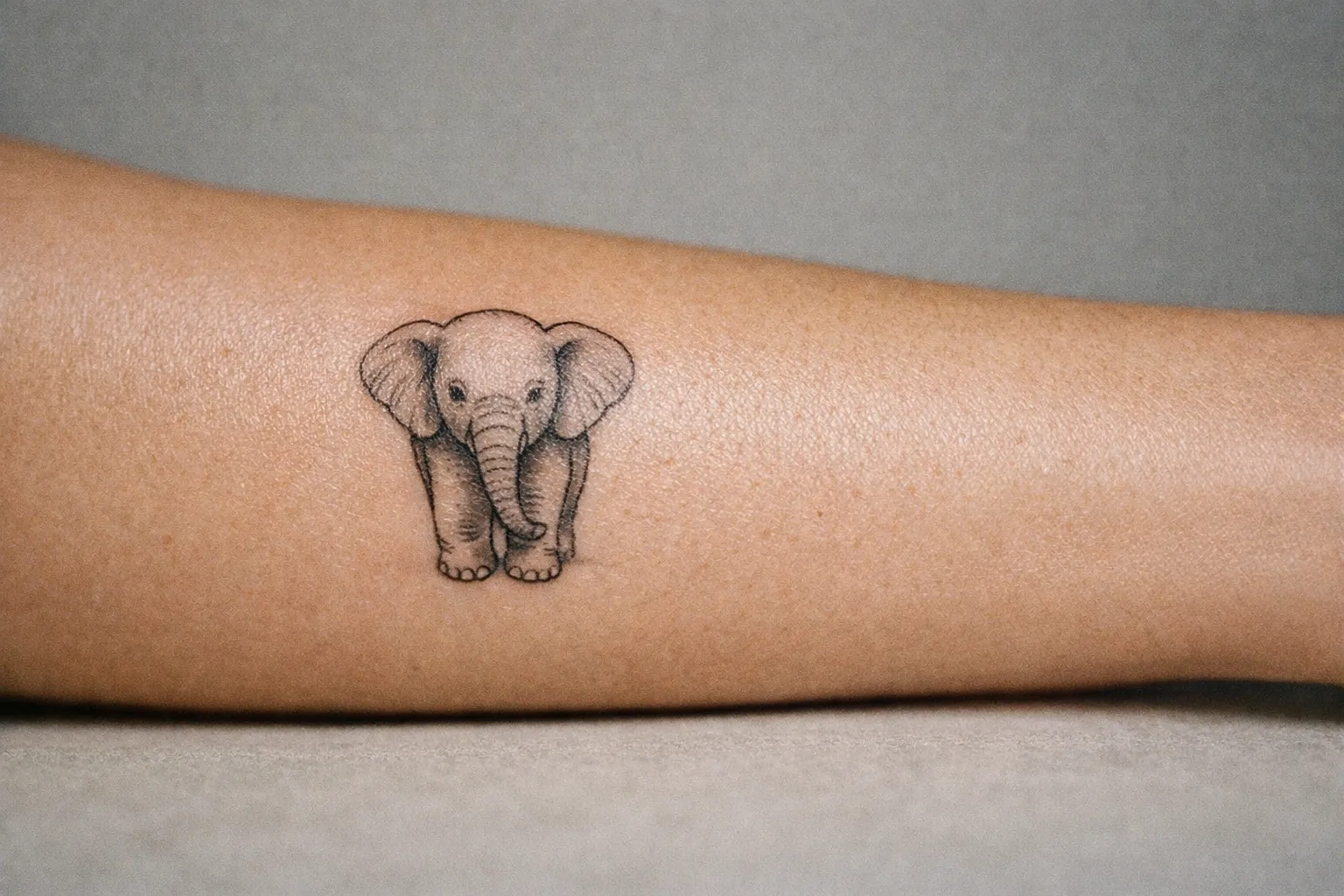 A forearm with a small elephant linework tattoo in black ink, showing clean strokes and subtle shading on healed skin