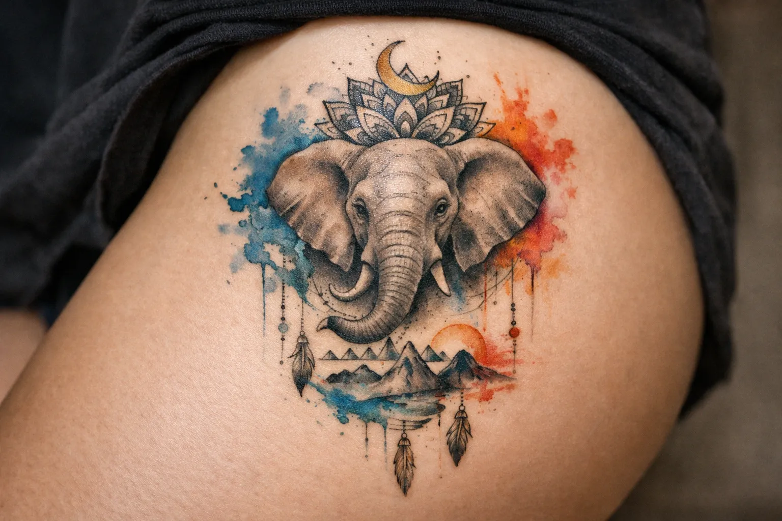 A colorful elephant tattoo with mountains and feathers on a person's upper leg.