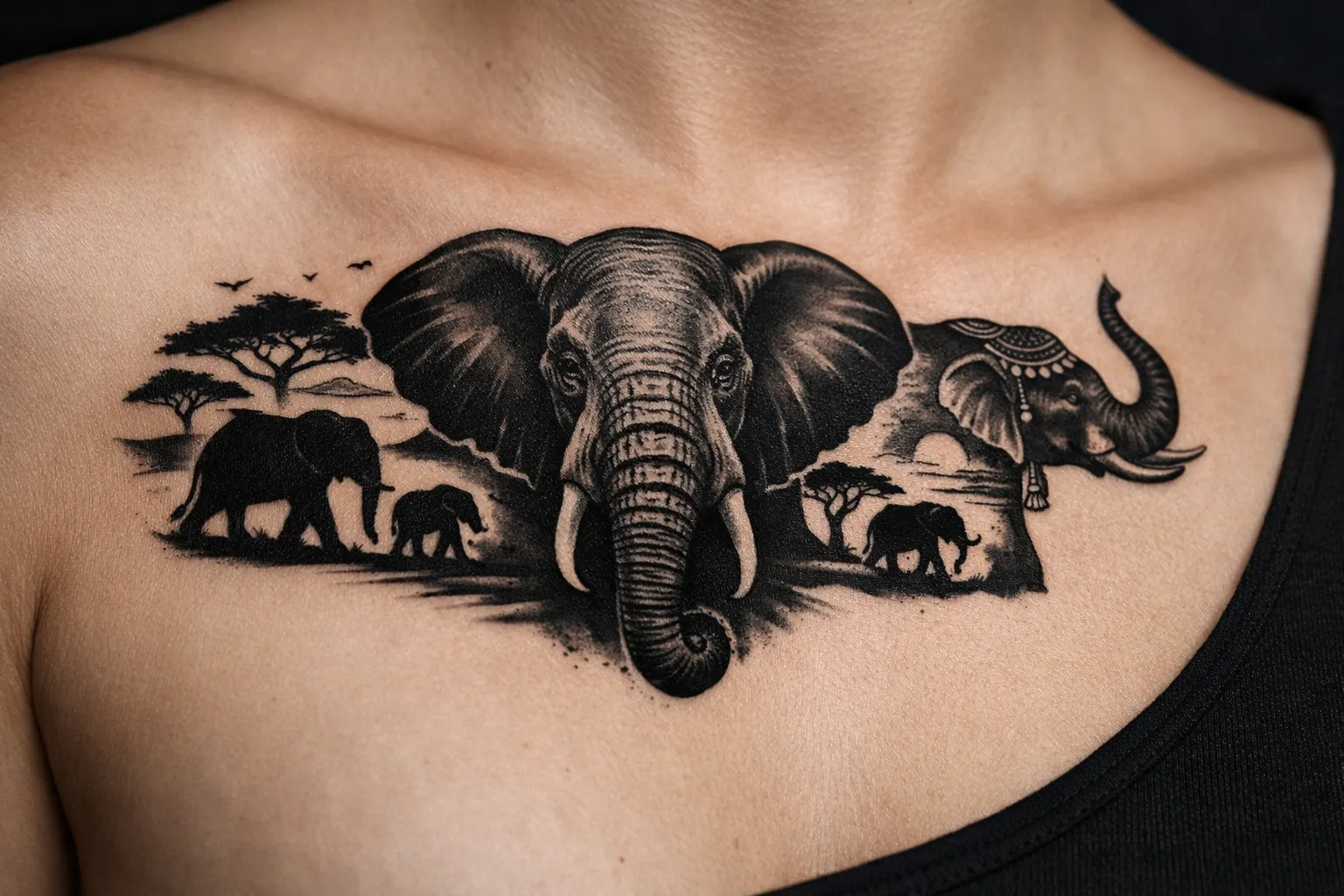 A person shows a detailed elephant tattoo across their upper chest.
