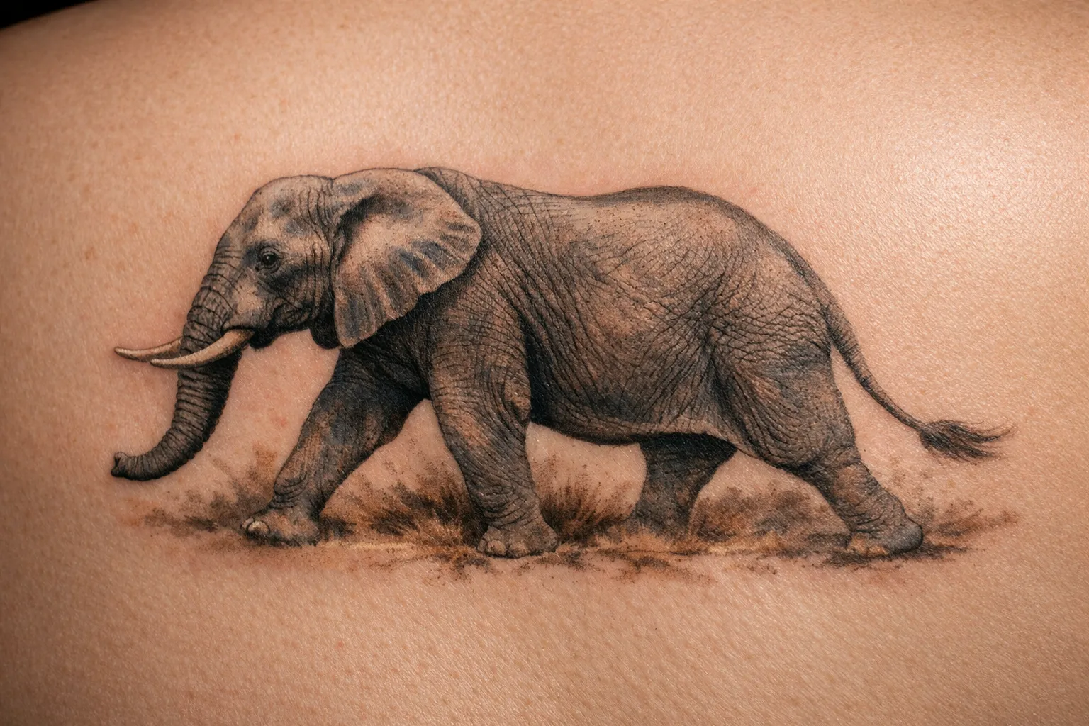 A realistic elephant tattoo on a person's back.