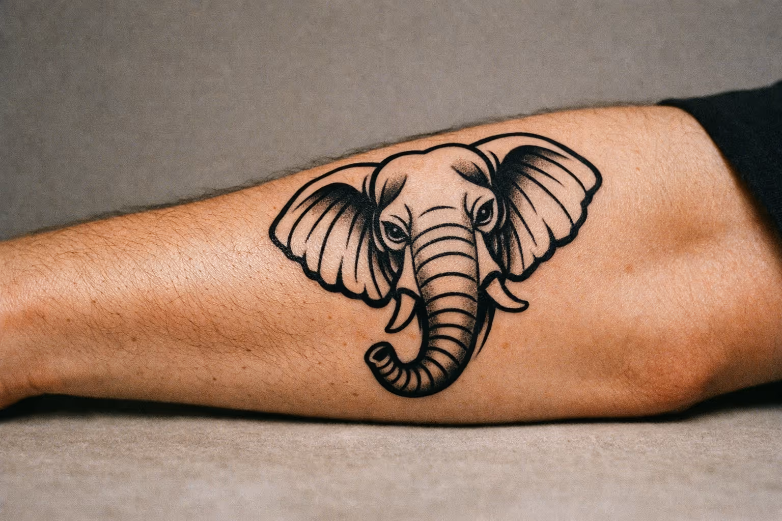 Editorial close-up of a forearm displaying a bold elephant tattoo in blackline style with subtle shading.