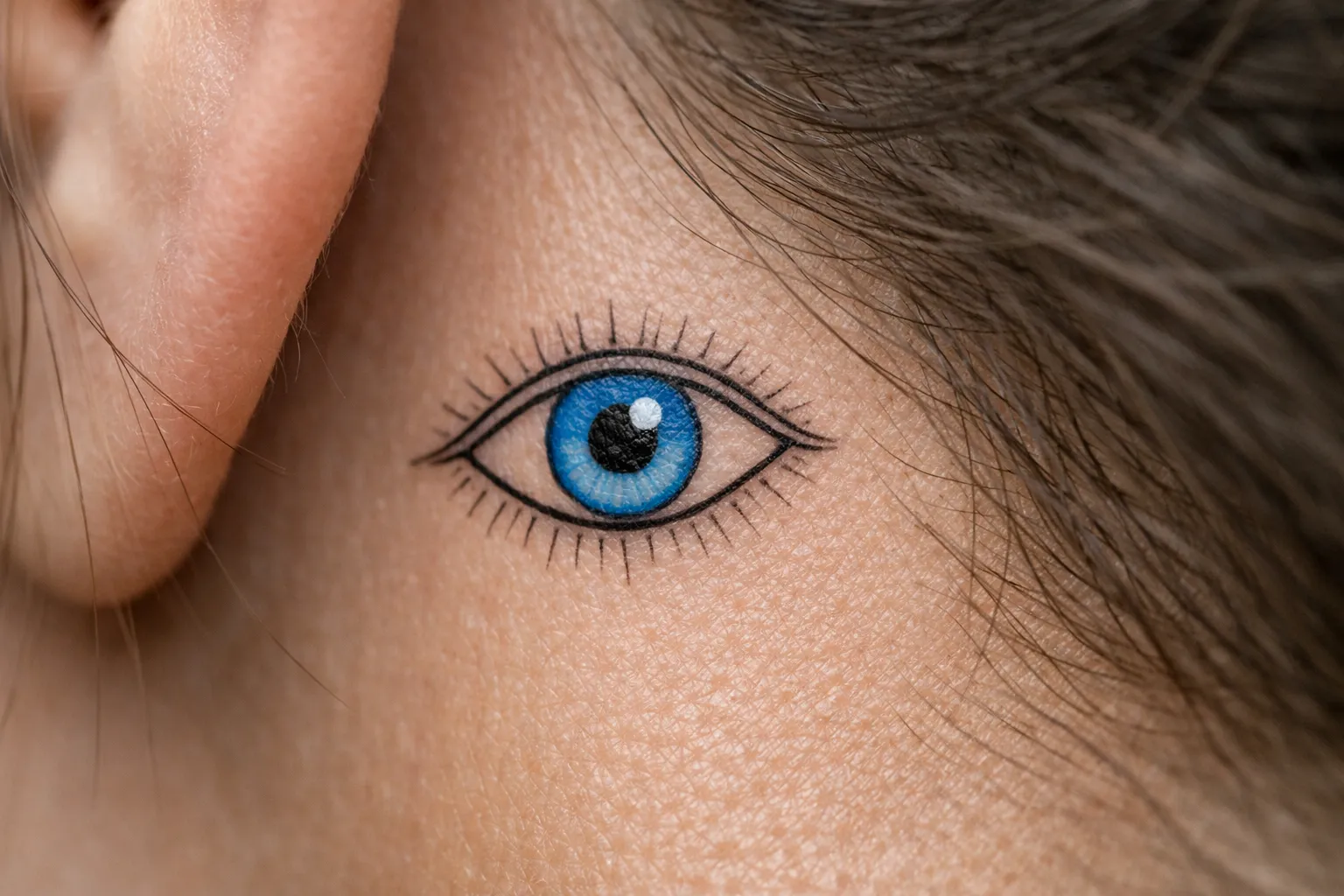 A realistic blue eye tattoo is inked on the skin near a person's ear.