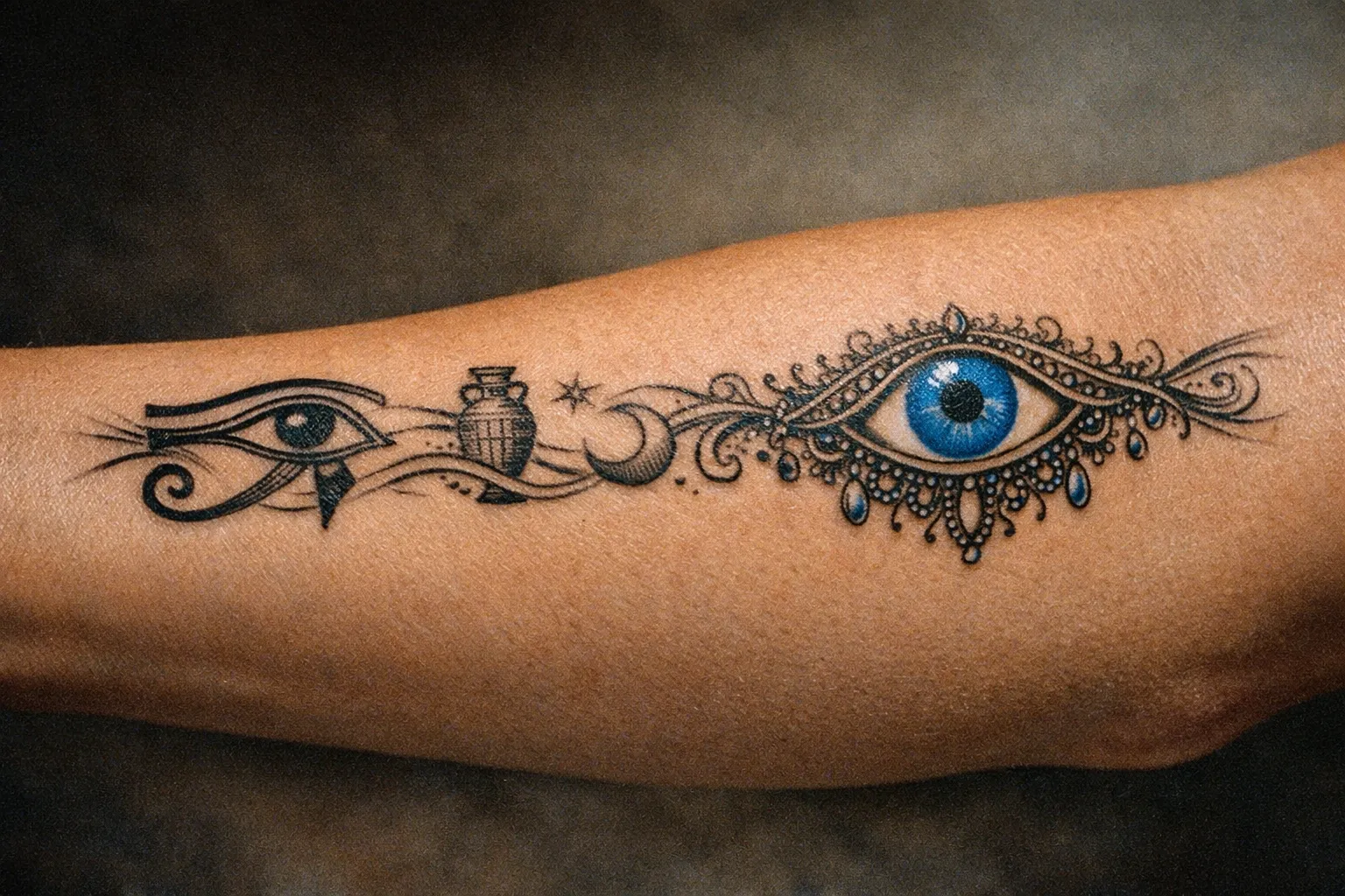 Forearm band tattoo chronicle: ancient Eye of Horus glyph to Nazar eye across a single tattoo