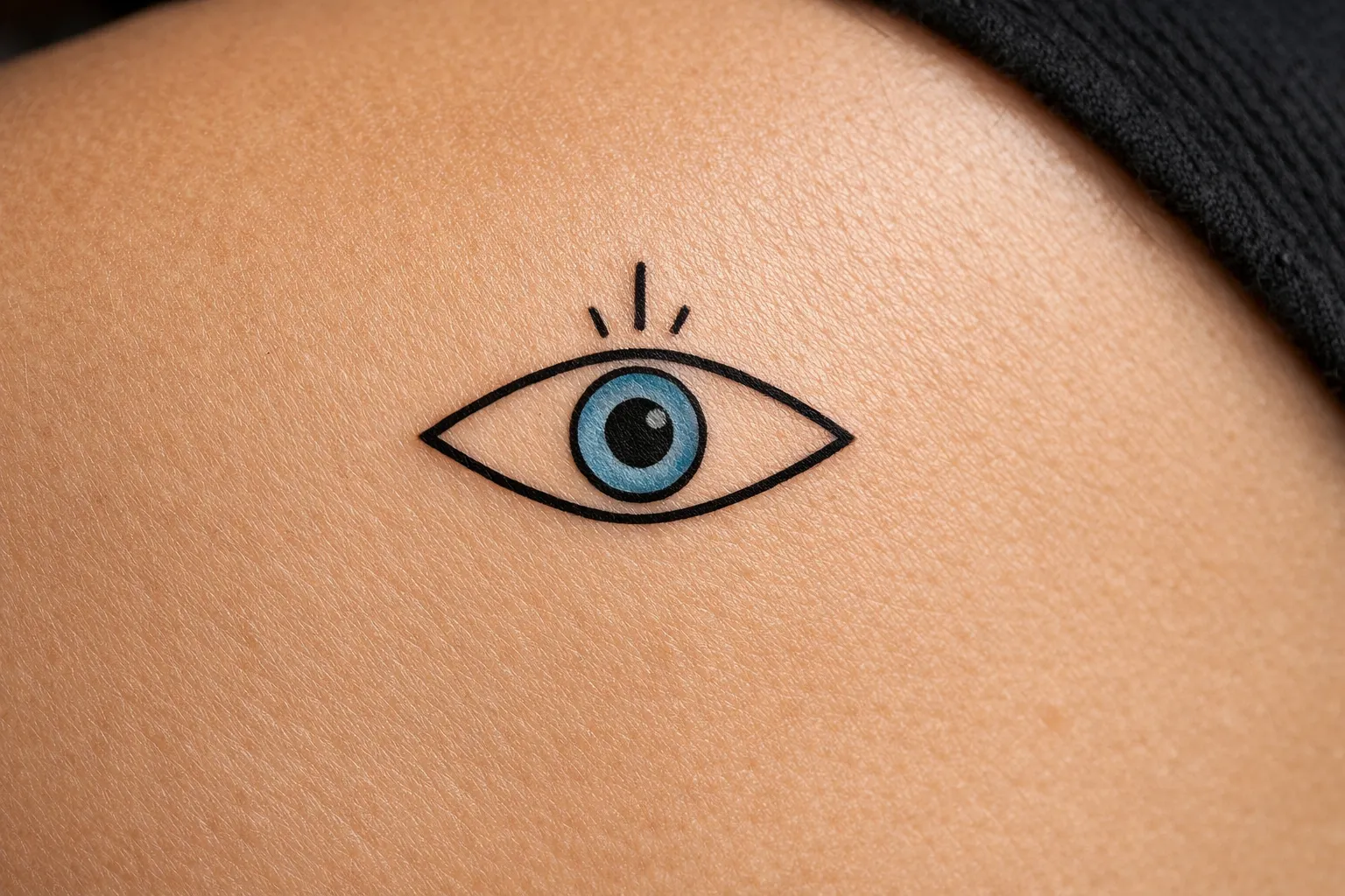 A blue and black eye tattoo is inked on light skin near the edge of black clothing.