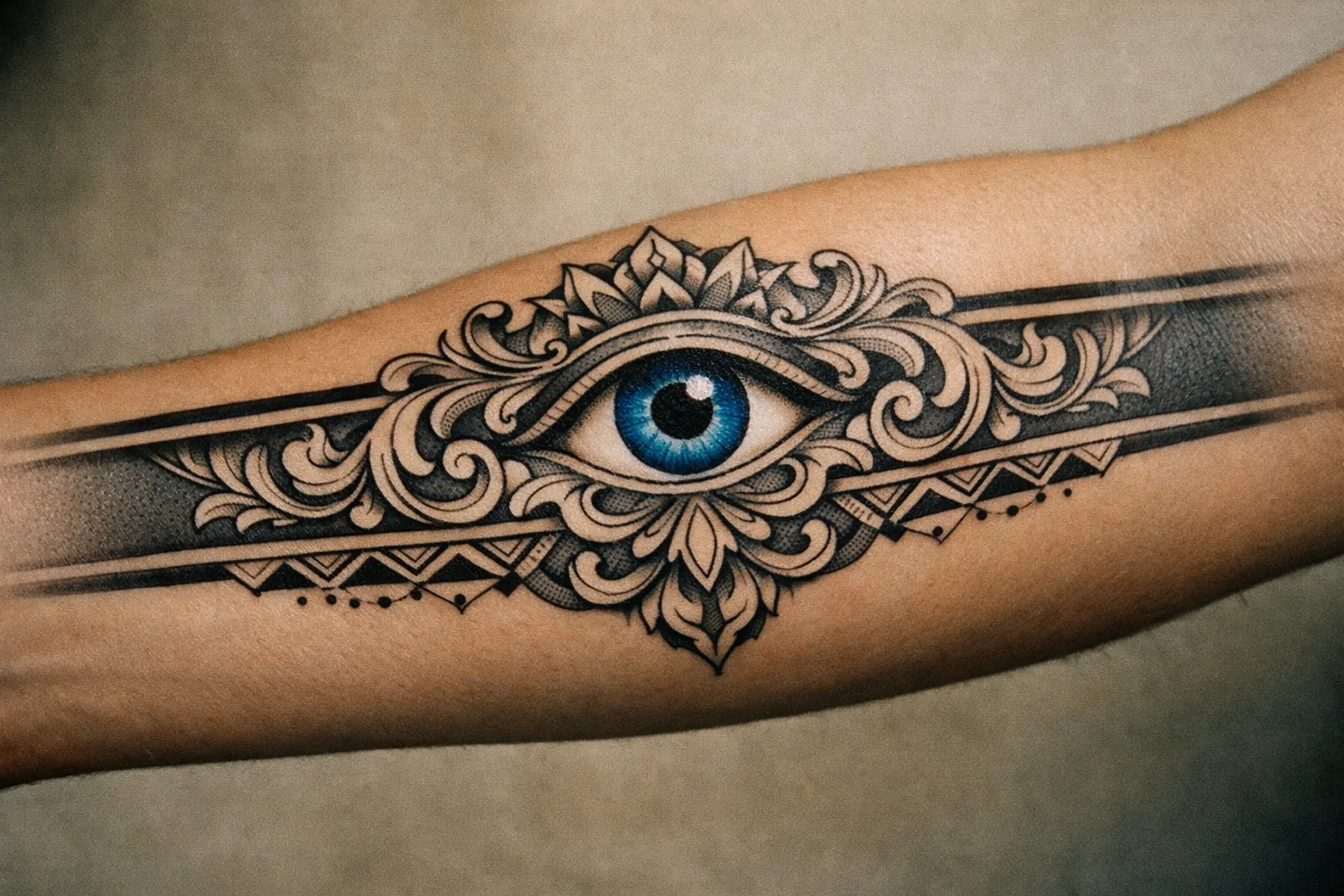 Forearm tattoo showcasing an integrated design with central Nazar eye and ornamental filigree