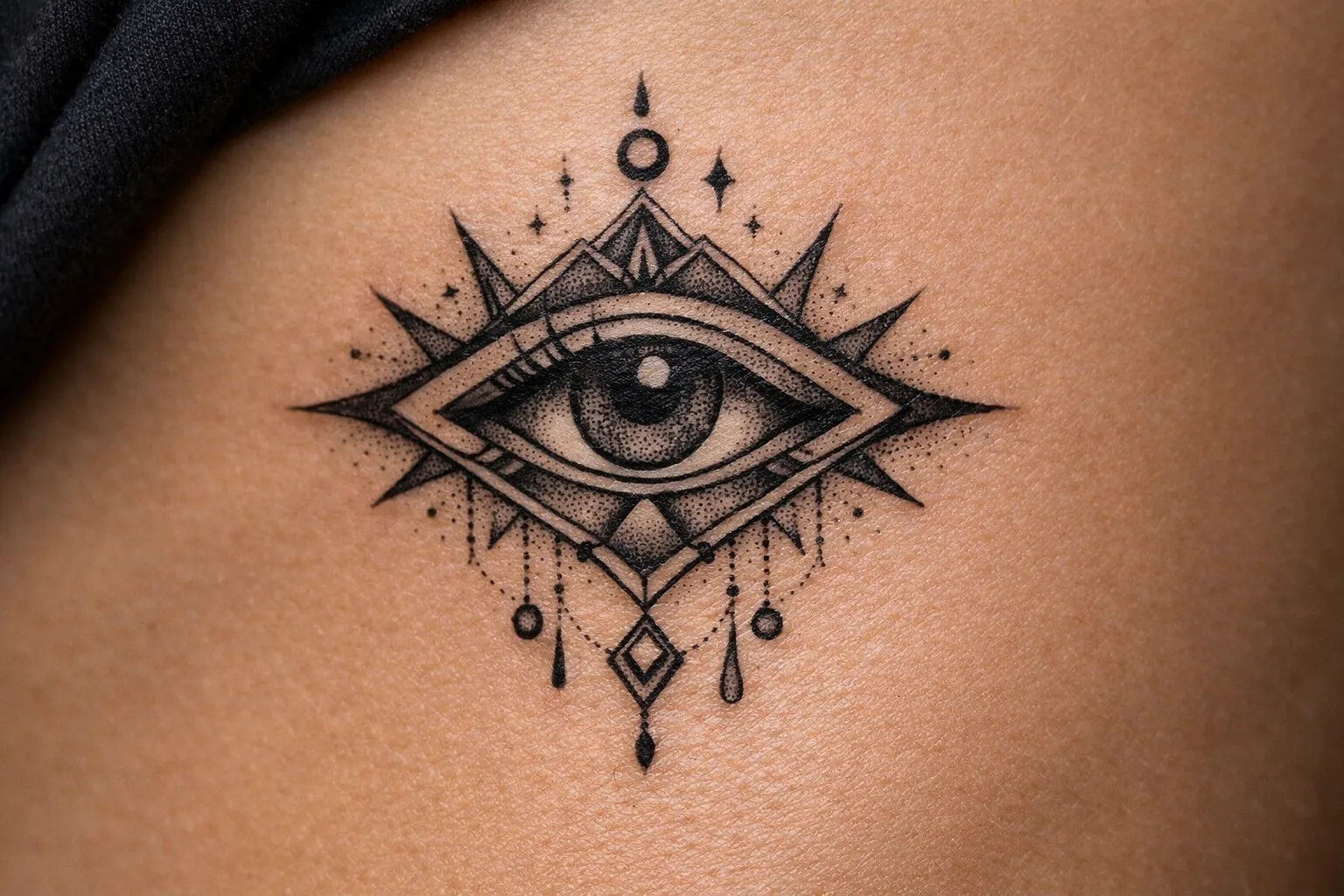 A geometric eye tattoo on a person's skin.
