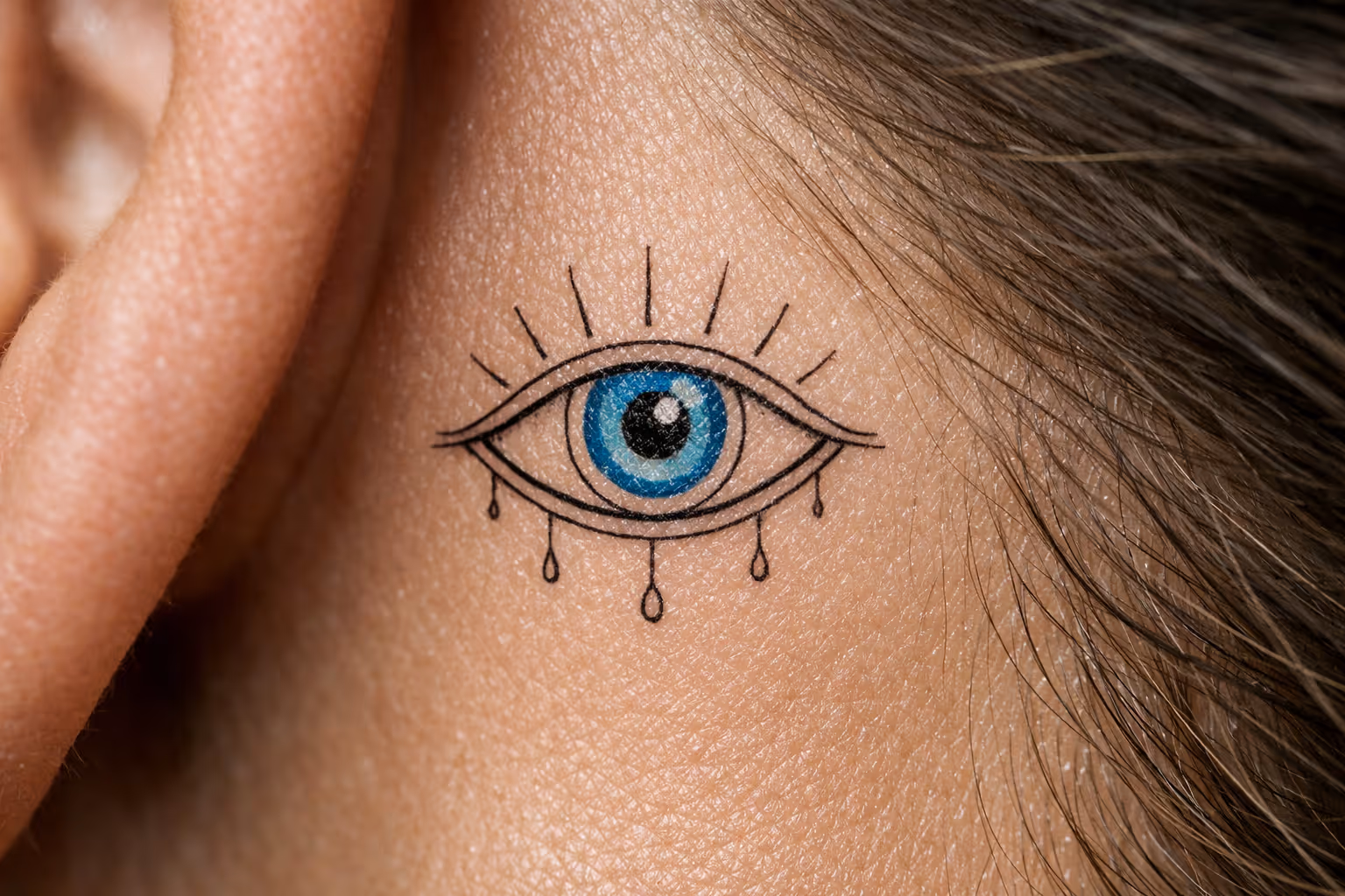 Editorial close-up of a forearm with a Nazar Evil Eye tattoo in studio lighting