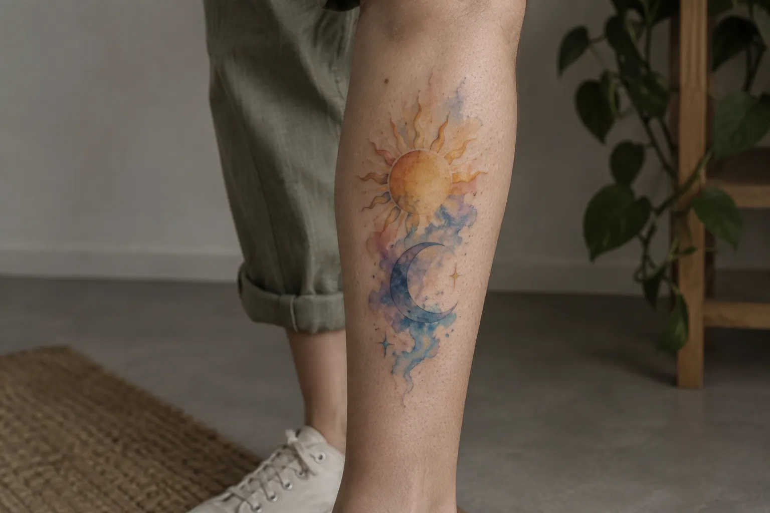 A person displays a colorful sun and crescent moon tattoo on their lower leg indoors.