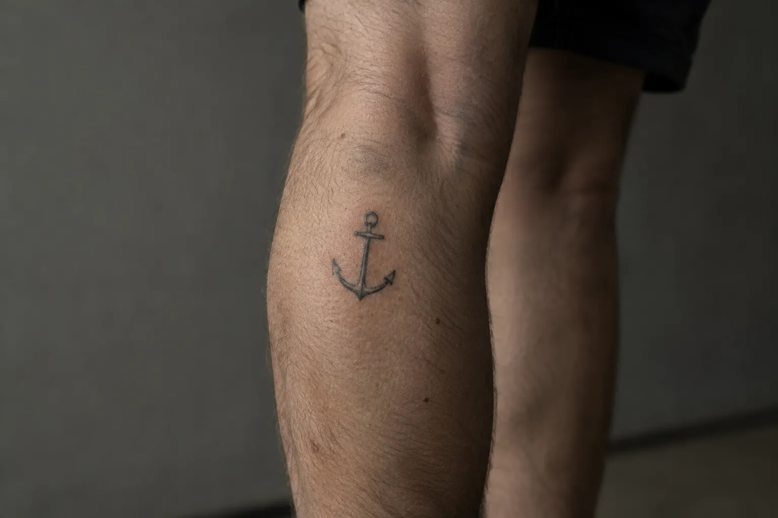 A small line-work anchor tattoo sits on the back of a man's calf.
