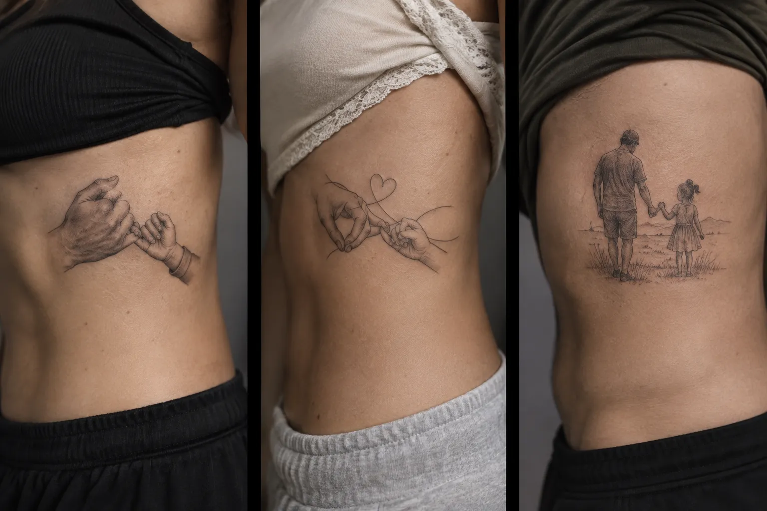 Three torso tattoos show matching father-daughter designs, including hands holding and a father walking with a child.