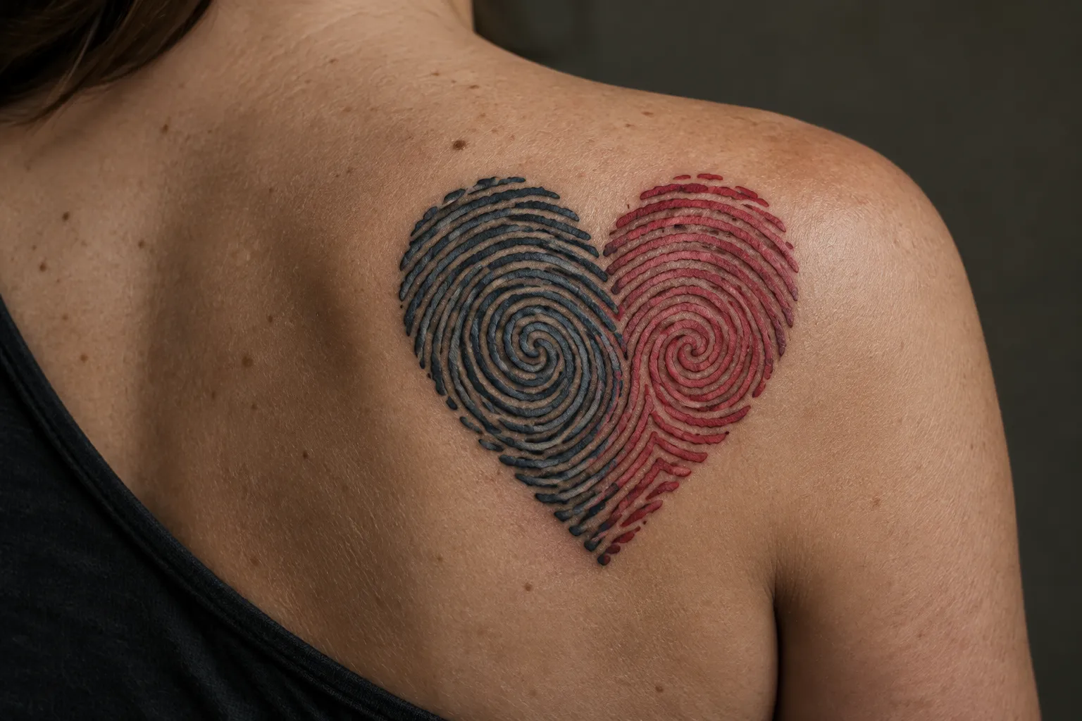 A woman has a heart-shaped fingerprint tattoo on her shoulder.