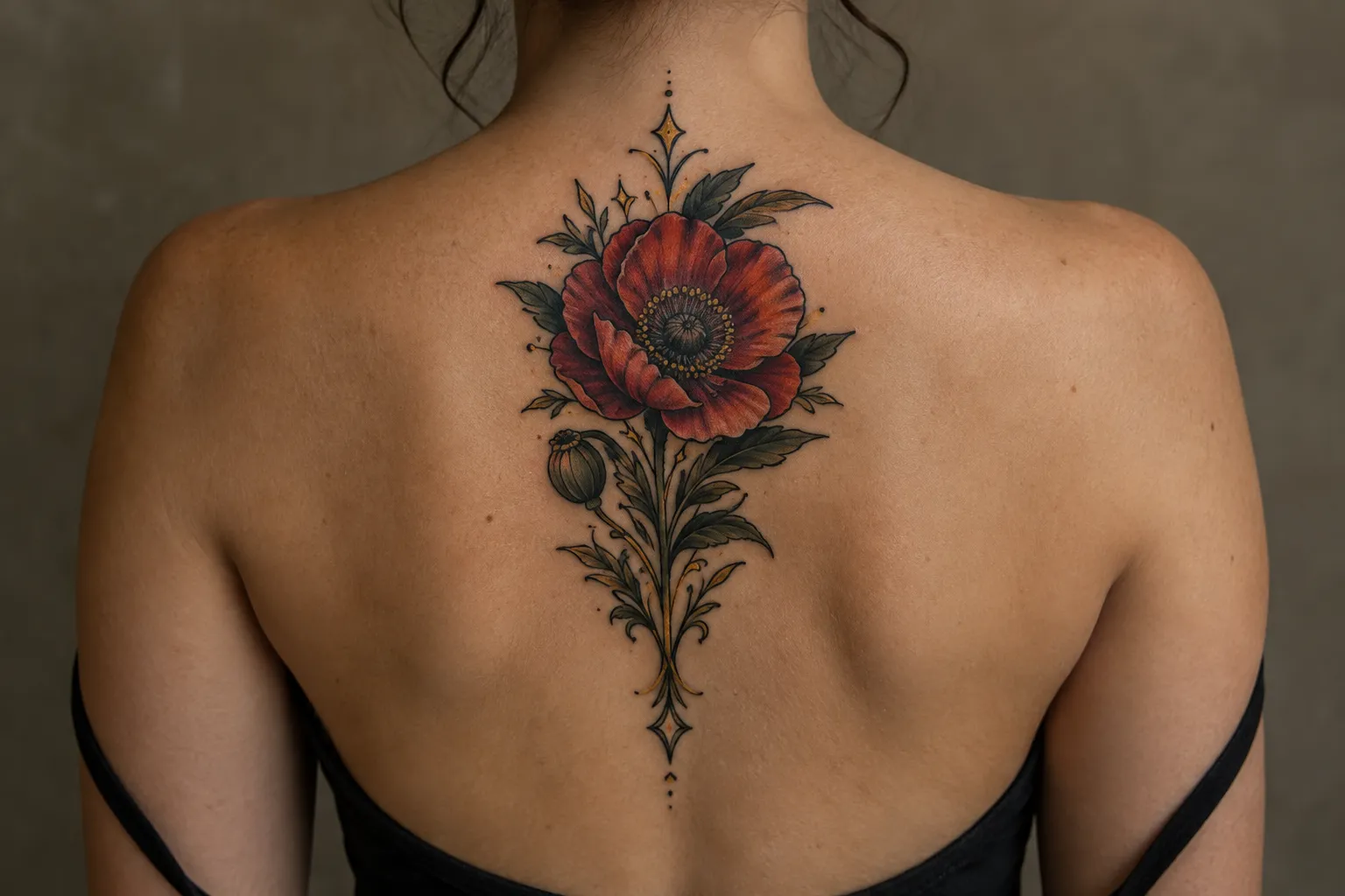 A woman shows a large red flower tattoo running down the center of her upper back.