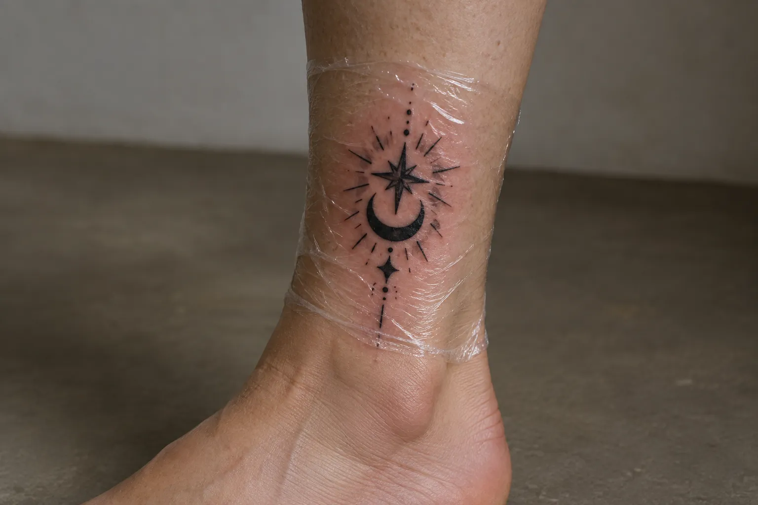 A fresh black celestial tattoo on an ankle, wrapped in clear protective film.