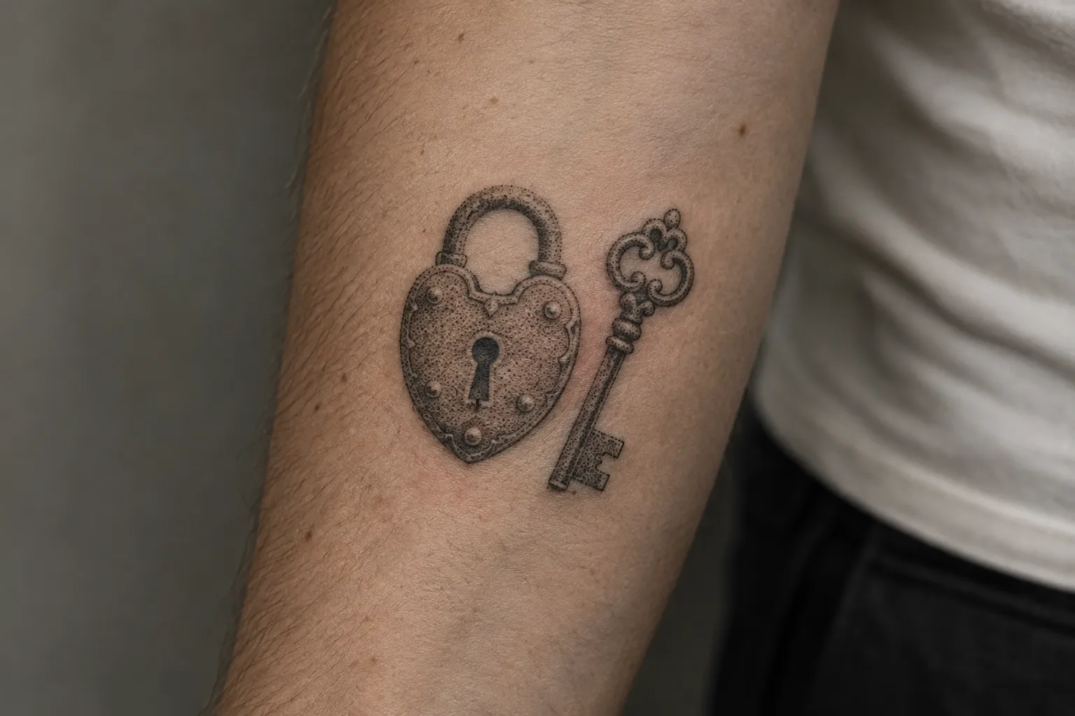 A heart-shaped lock and ornate key tattoo on a person's forearm.