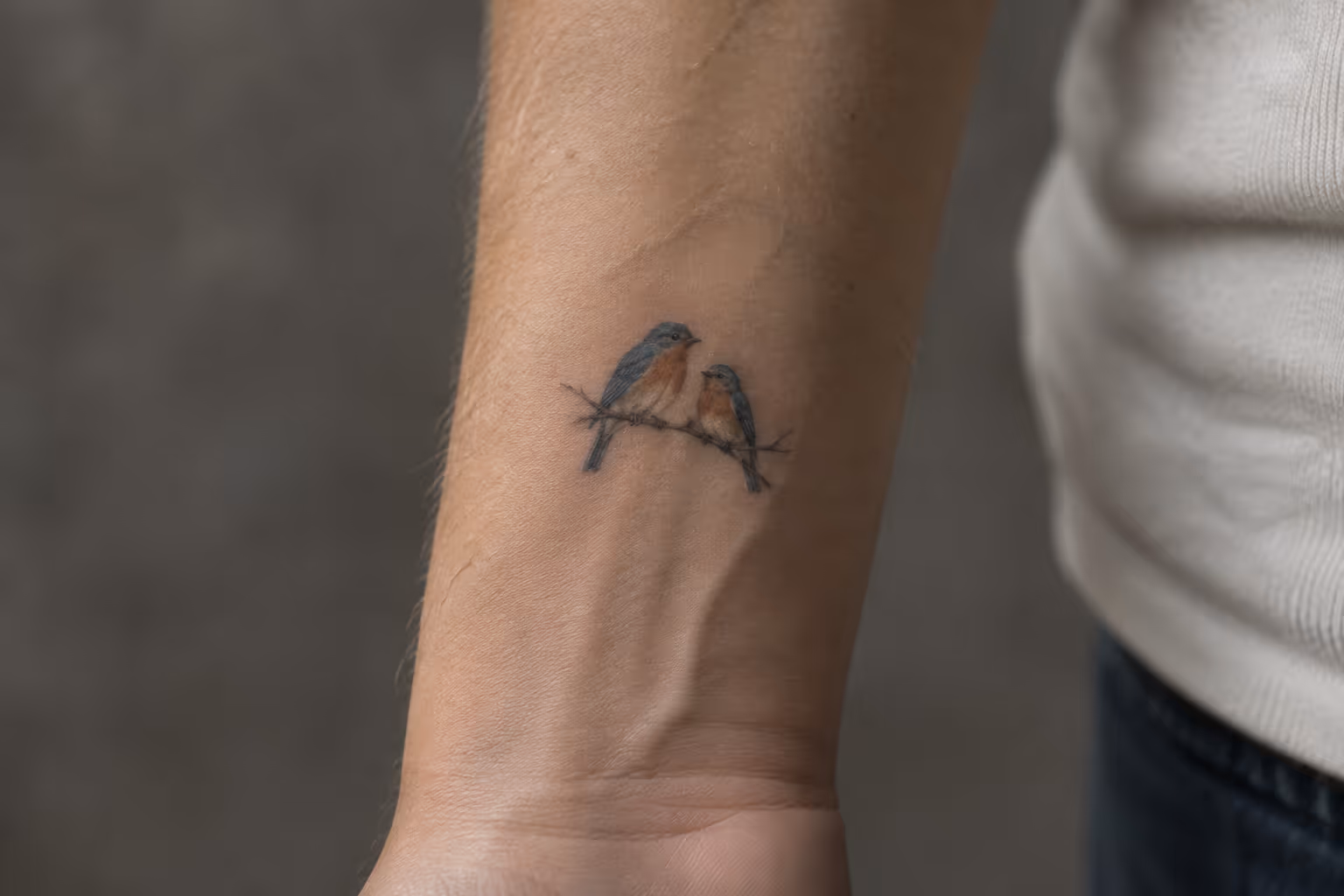 A small tattoo of two birds perched on a branch sits on a person's inner forearm.