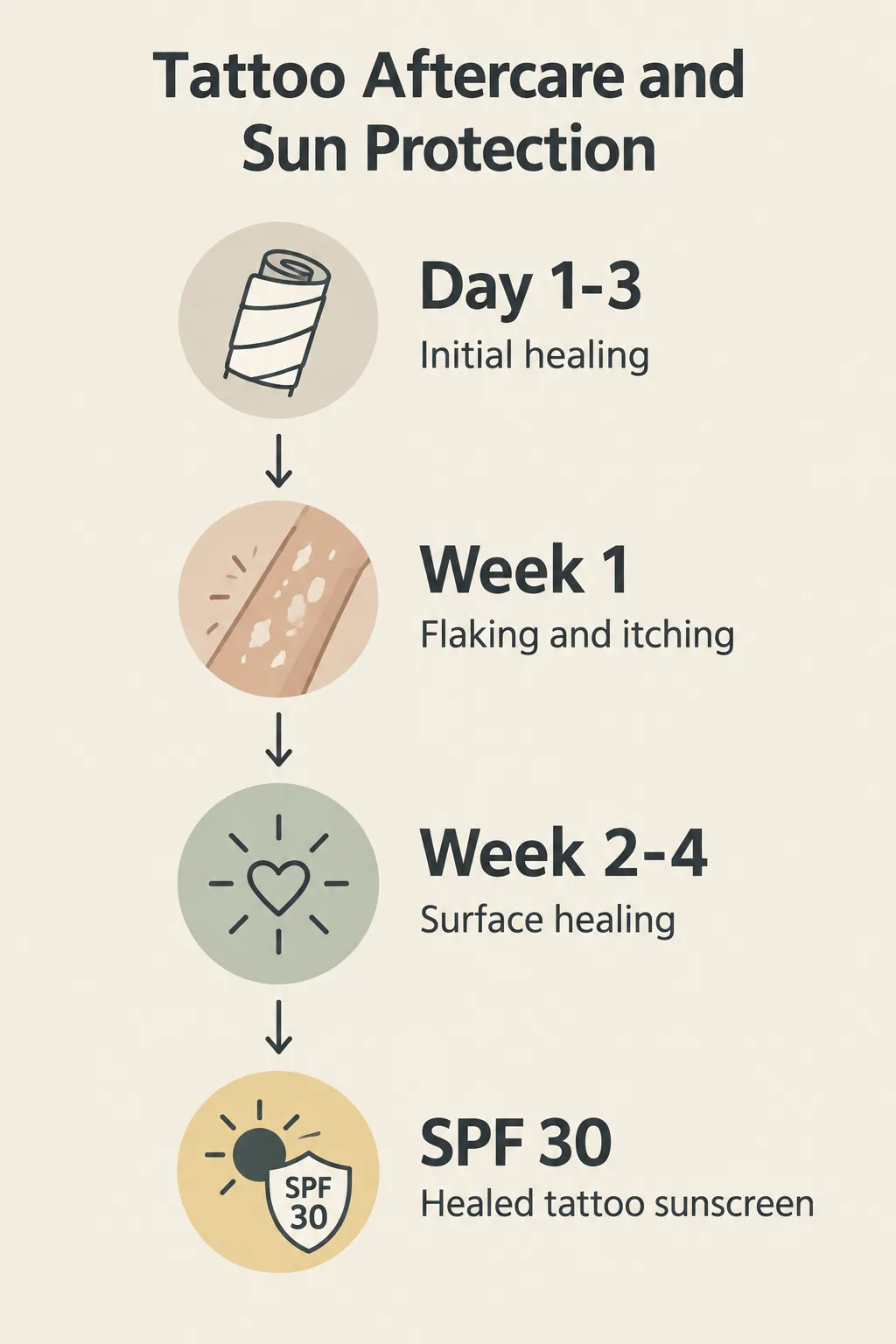 Tattoo aftercare timeline: keep the wrap on for Day 1-3, expect flaking in Week 1, protect healing skin during Week 2-4