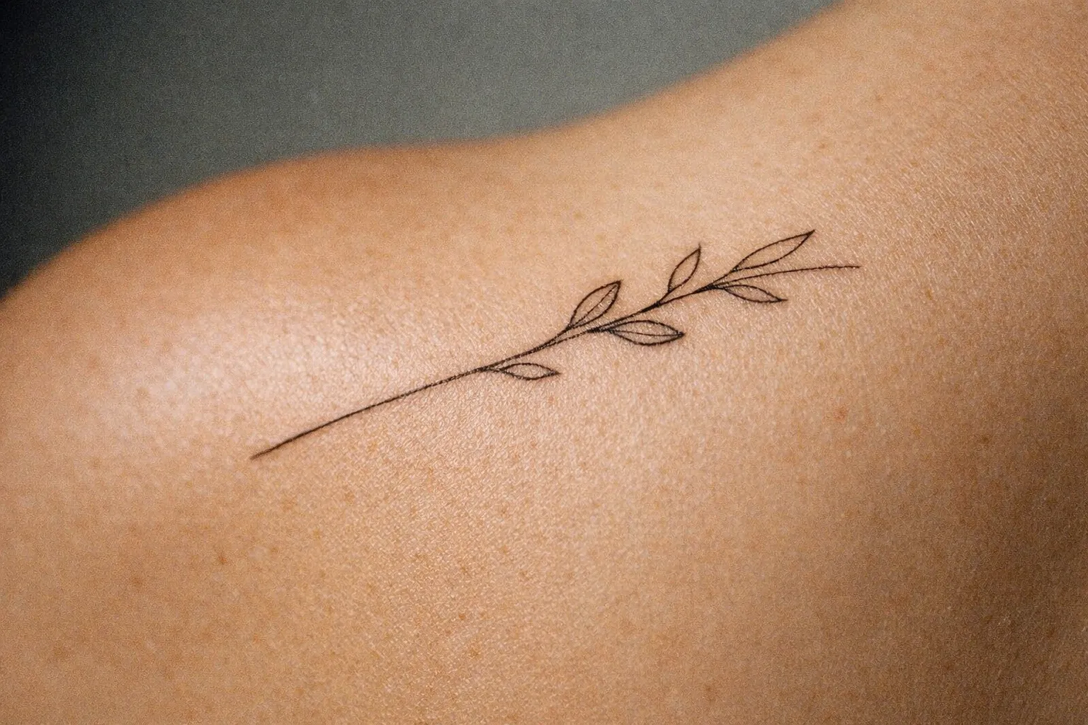 A fine line branch tattoo is inked on a person's upper back or shoulder.