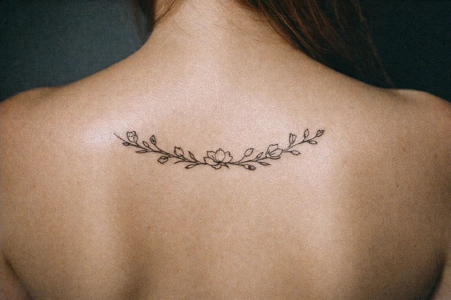 A person with a fine line floral tattoo across their upper back.
