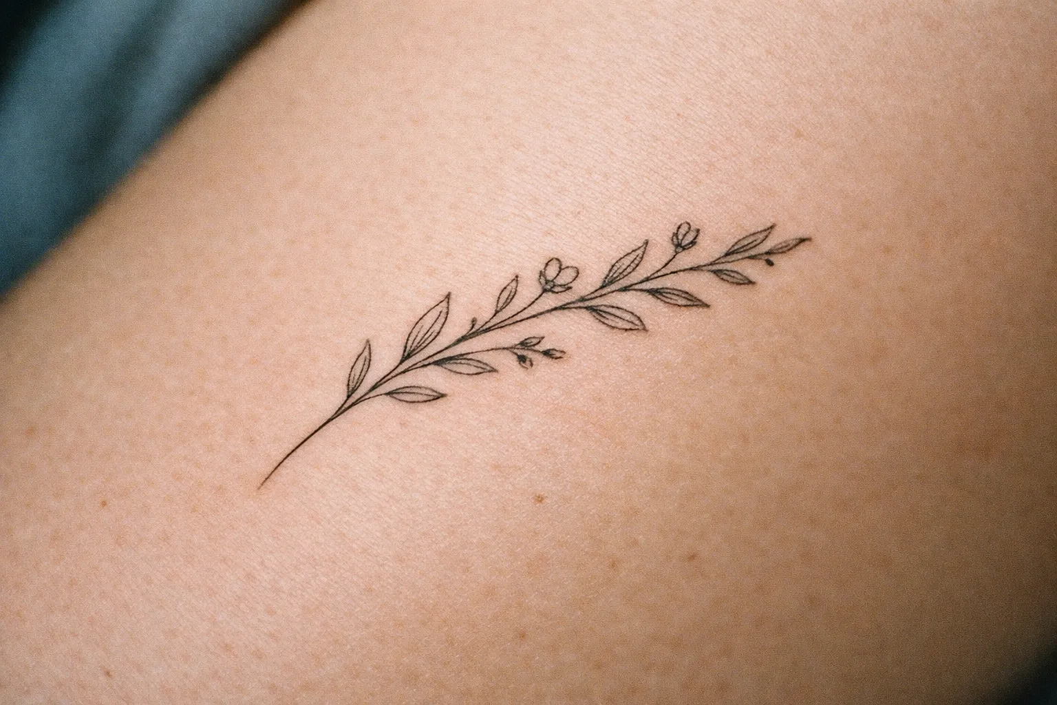 A fine line floral tattoo on bare skin.
