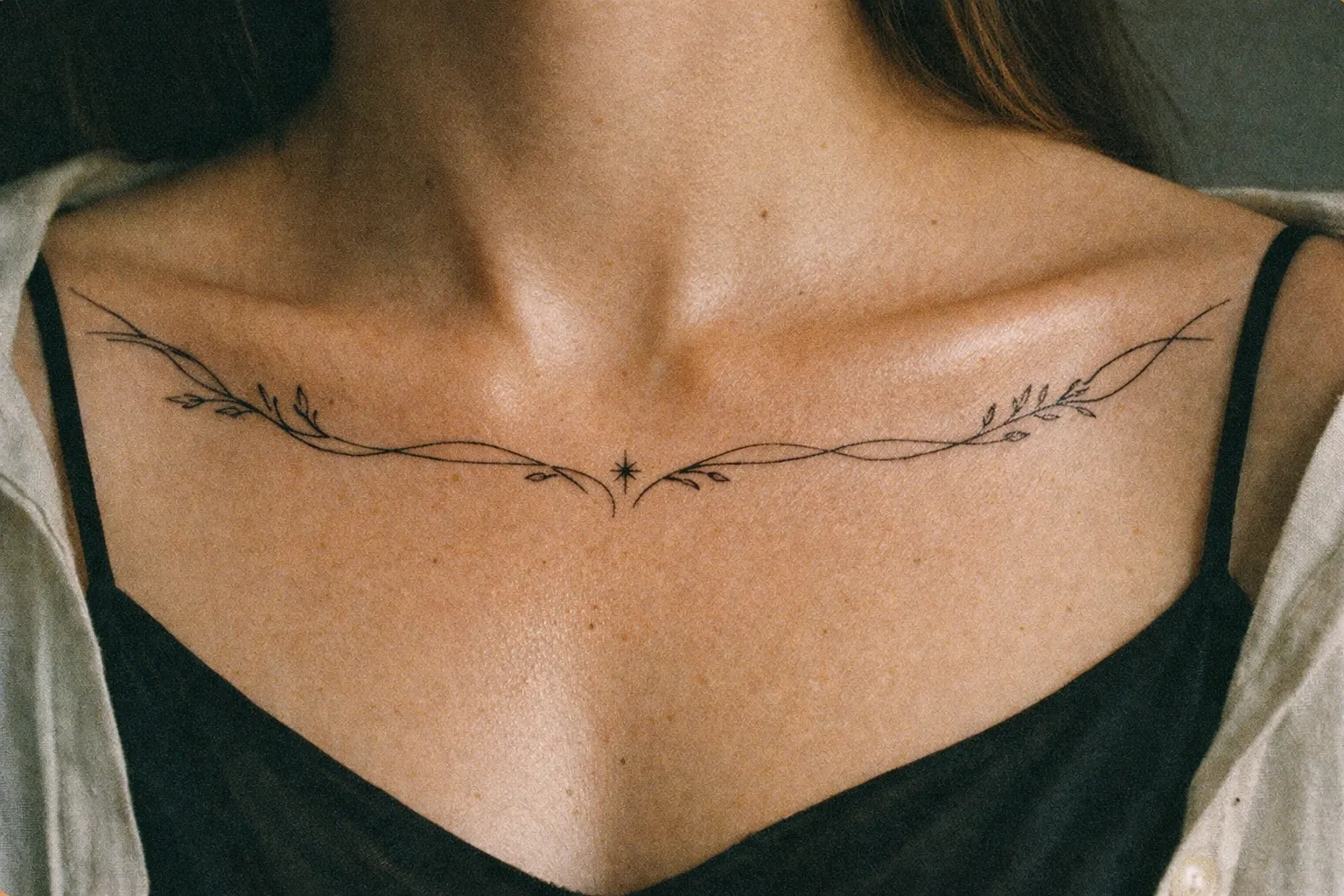 A person with a fine line ornamental tattoo across the upper chest near the collarbones.