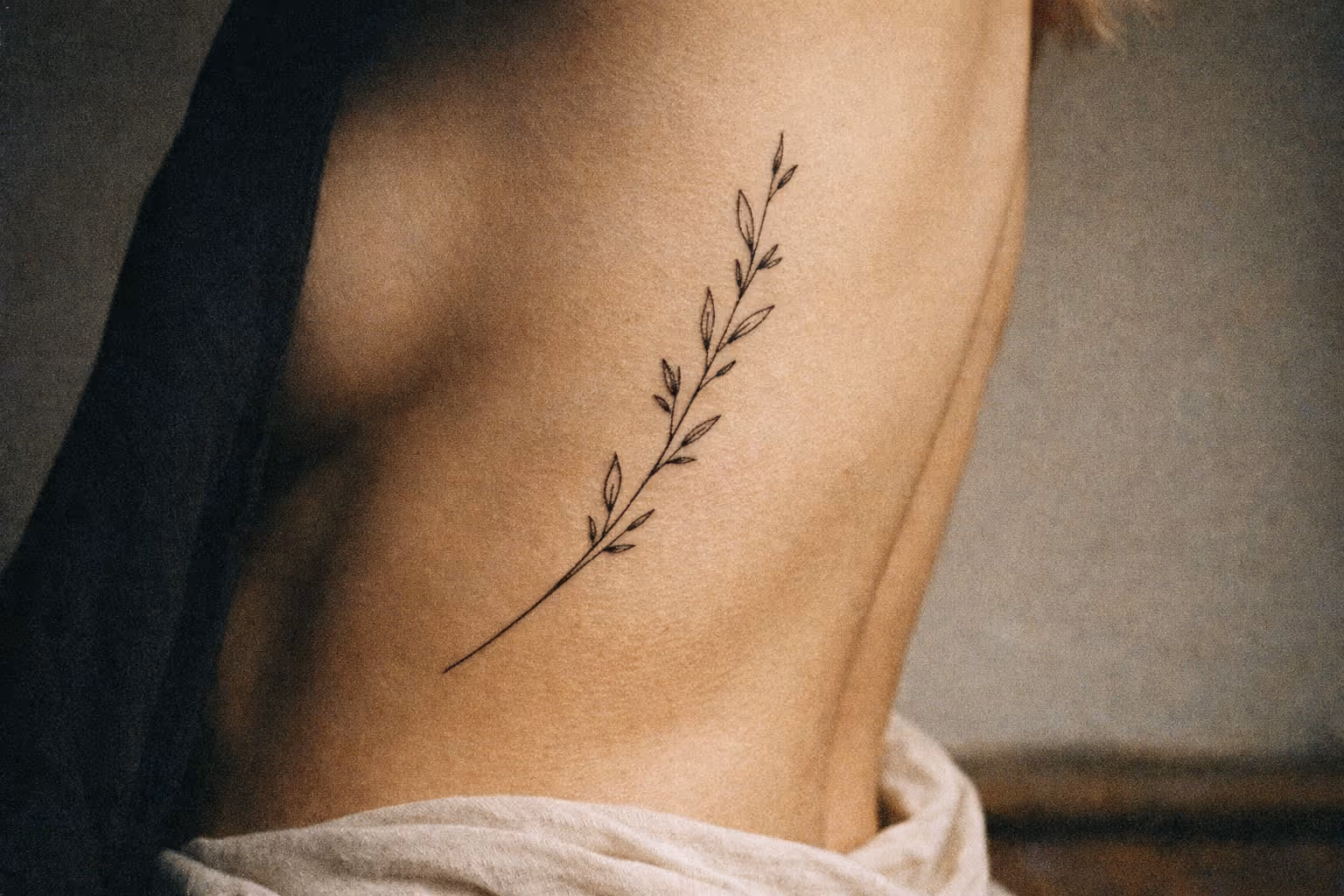 A person's side showing a fine line botanical tattoo on their ribcage.