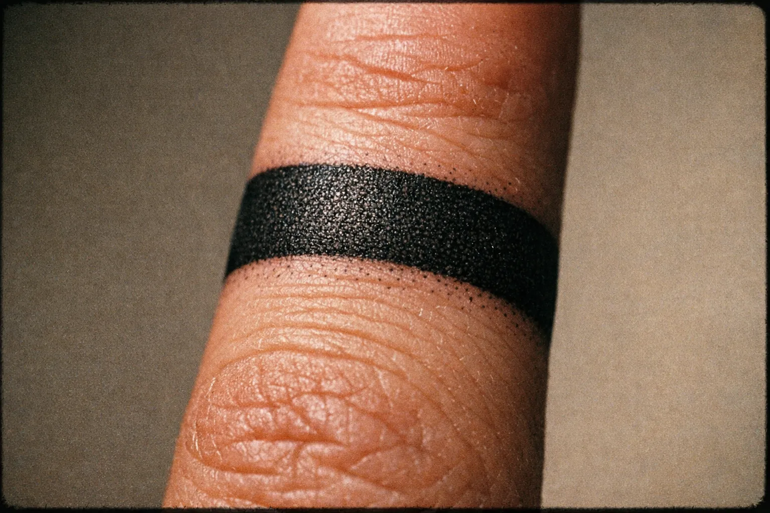 A close-up of a person's finger with a solid black band tattooed around it.