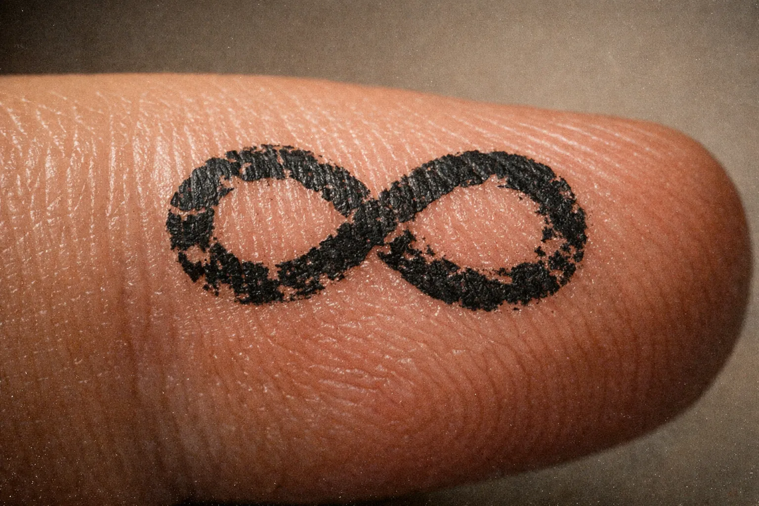 A close-up of a finger with an infinity symbol tattooed on the skin.