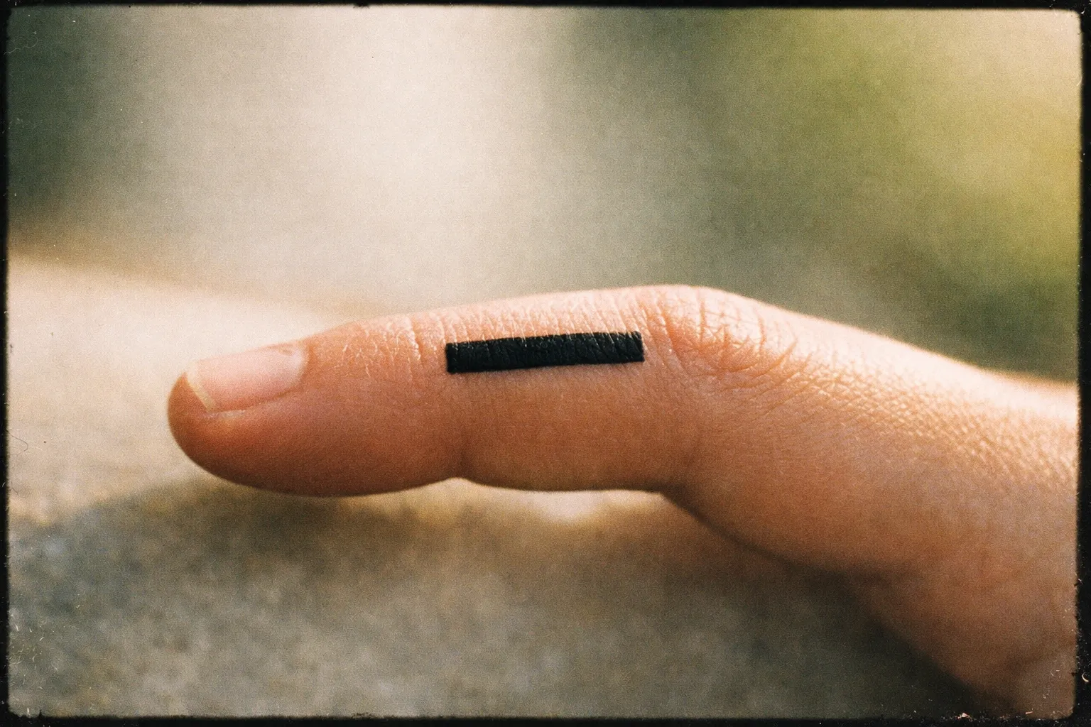 A close-up of a person's finger with a solid black bar tattoo on the side.