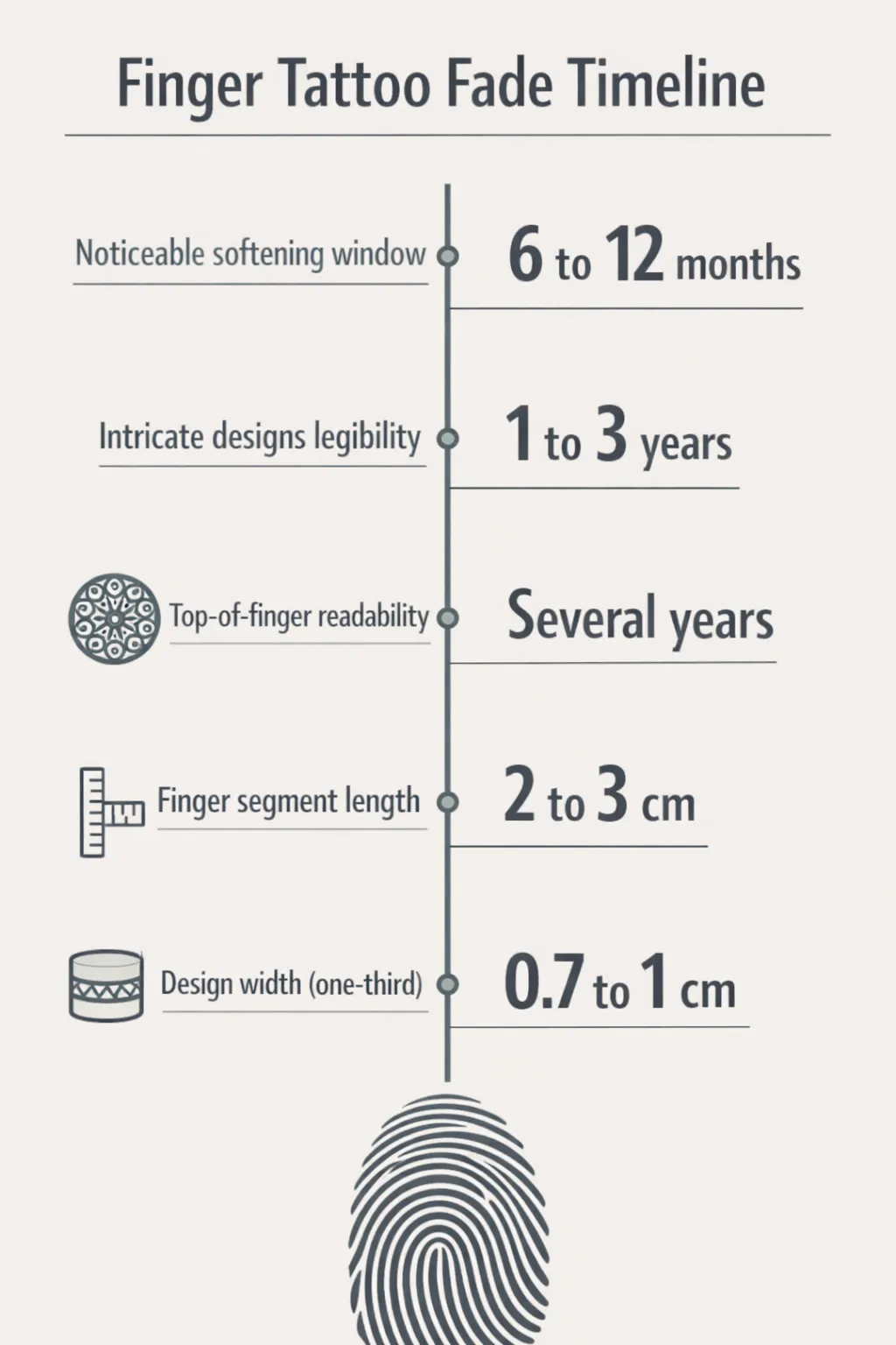 Infographic showing finger tattoo fade timeline data points: softening at 6 to 12 months, intricate designs fading at 1 to 3