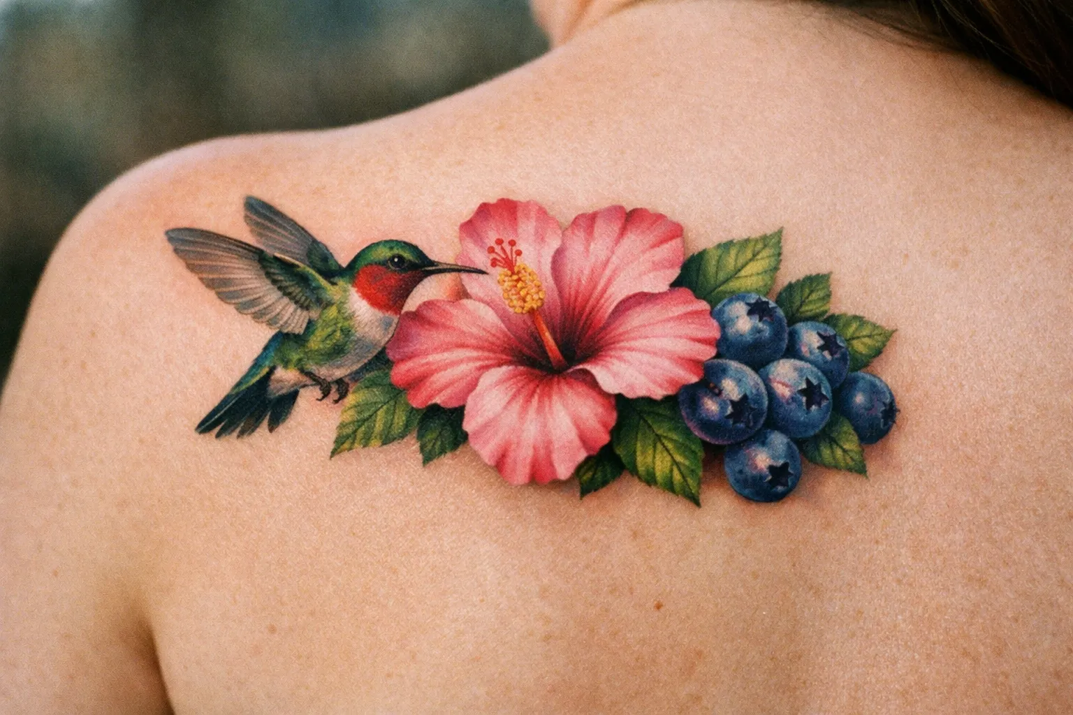A tattoo of a hummingbird, hibiscus flower, and blueberries on a person's upper back.