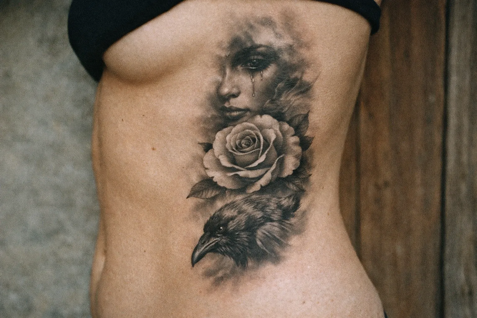 Black-and-gray realism tattoo on the ribs