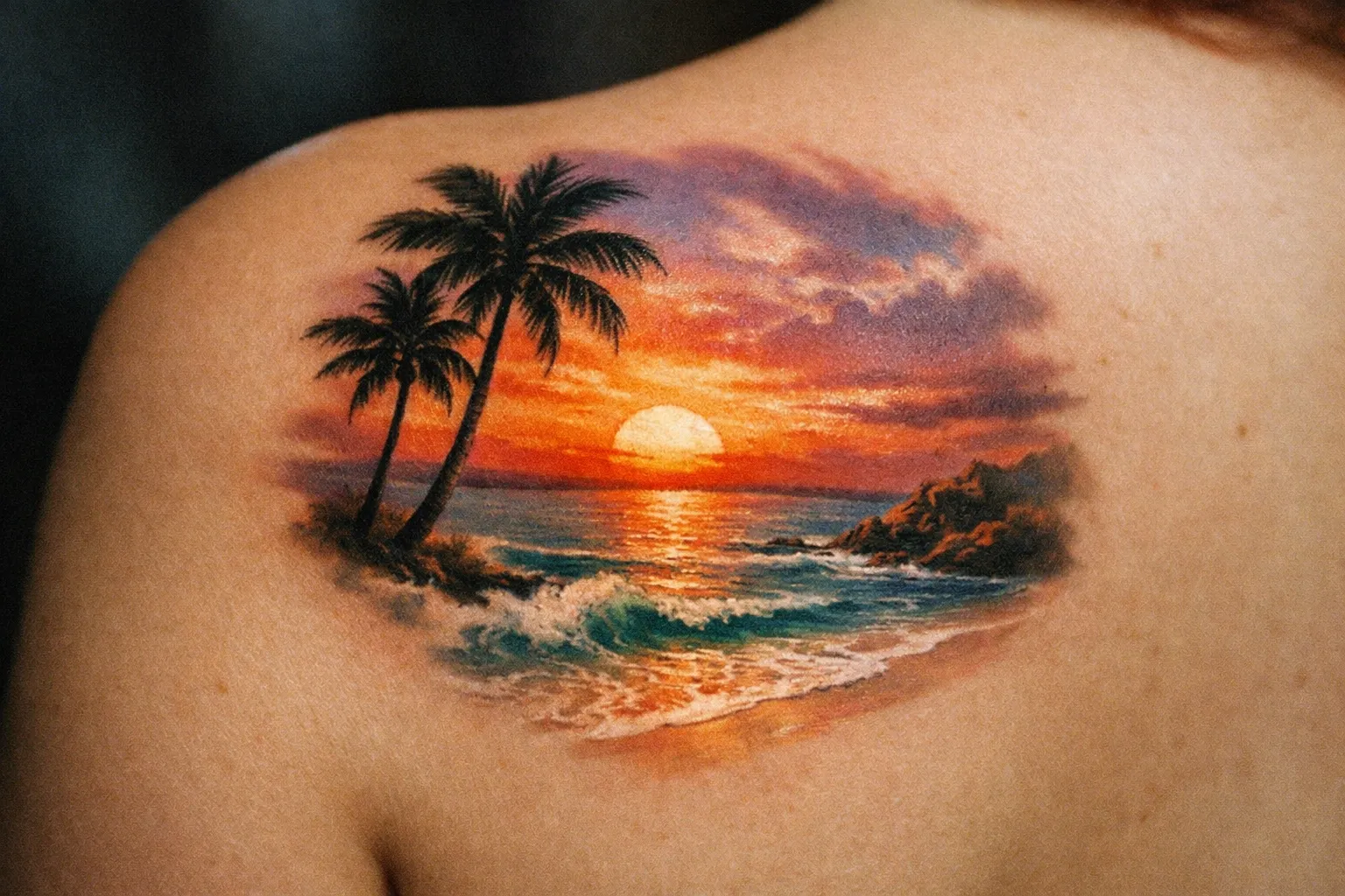 Color realism tattoo across the shoulder blade