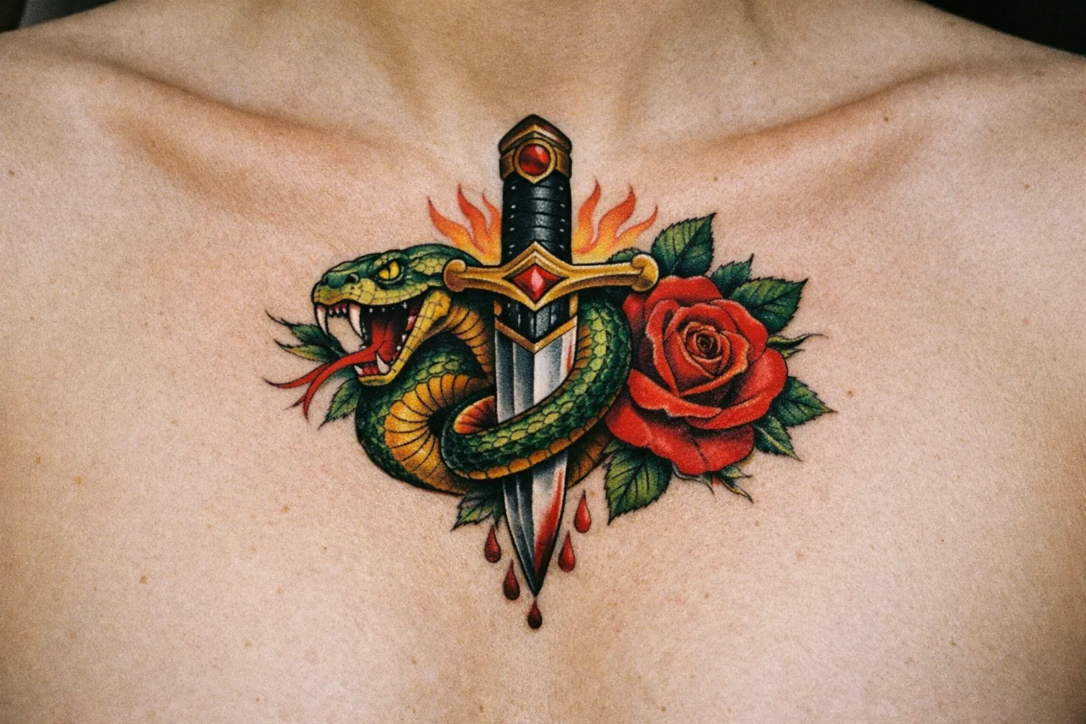 A person's chest displays a colorful tattoo of a snake, dagger, and rose.