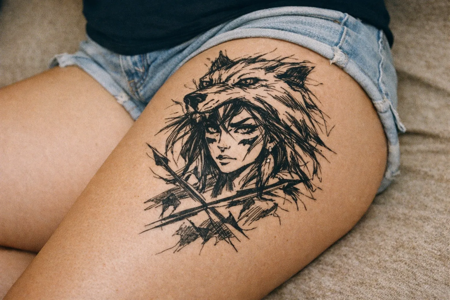 A person in denim shorts displays a detailed wolf and warrior tattoo on their upper thigh.