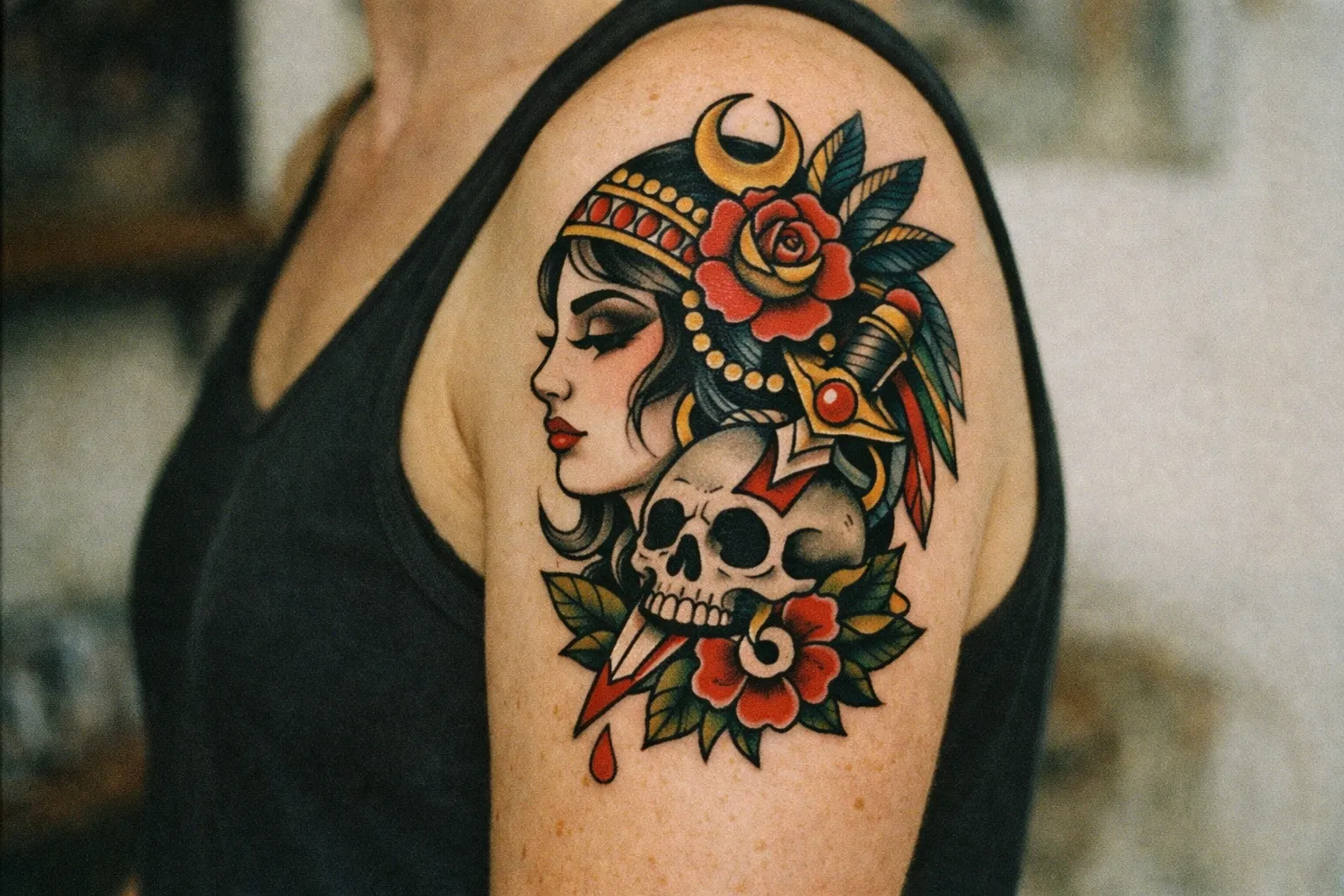 A person with a colorful traditional tattoo on their upper arm in an indoor setting.