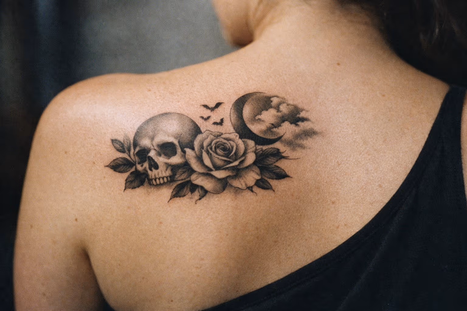 A person with a skull, rose, moon, and bats tattoo on their upper back.
