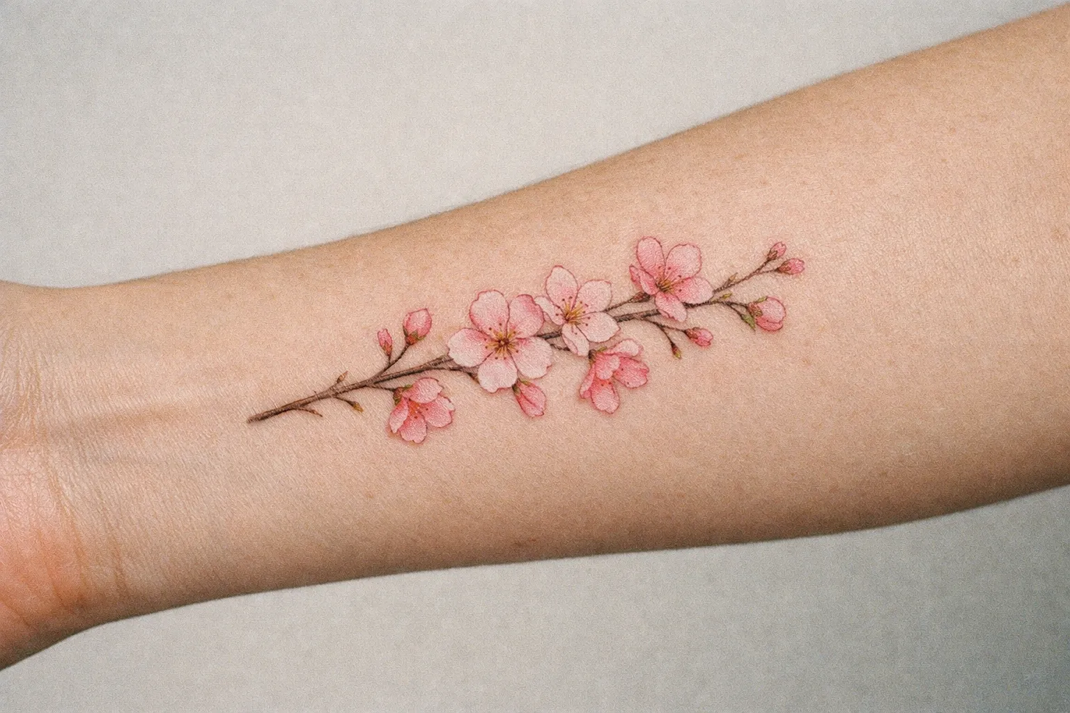 Tiny cherry blossom tattoo on inner forearm with delicate lines