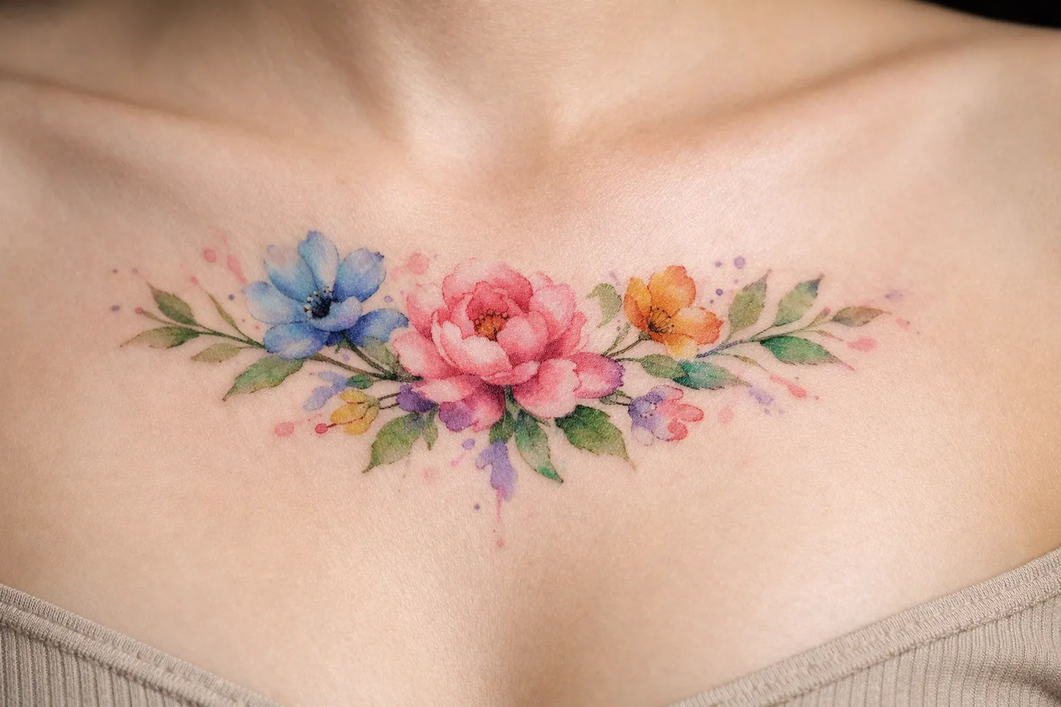 A colorful flower tattoo spans across a person's upper chest below the collarbones.