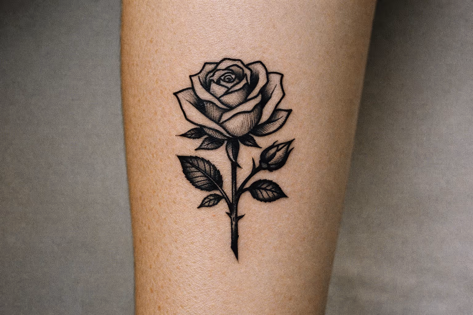 Editorial close-up of a forearm with a single flower tattoo, showing clean linework and subtle shading