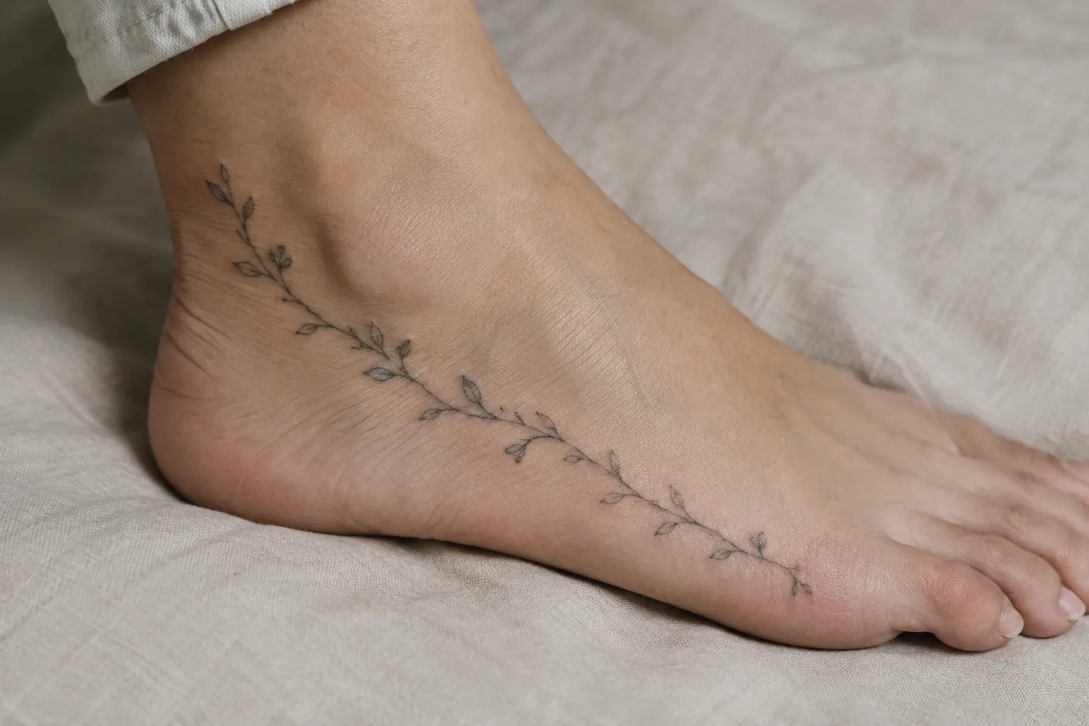 A foot with a delicate leafy vine tattoo rests on light fabric.