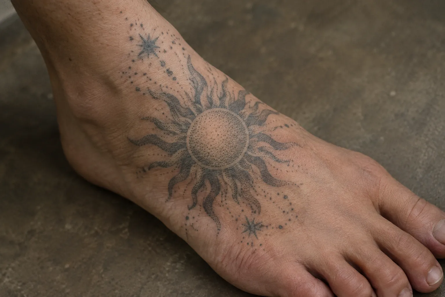 A sun tattoo covers the top of a person's foot against a dark floor.