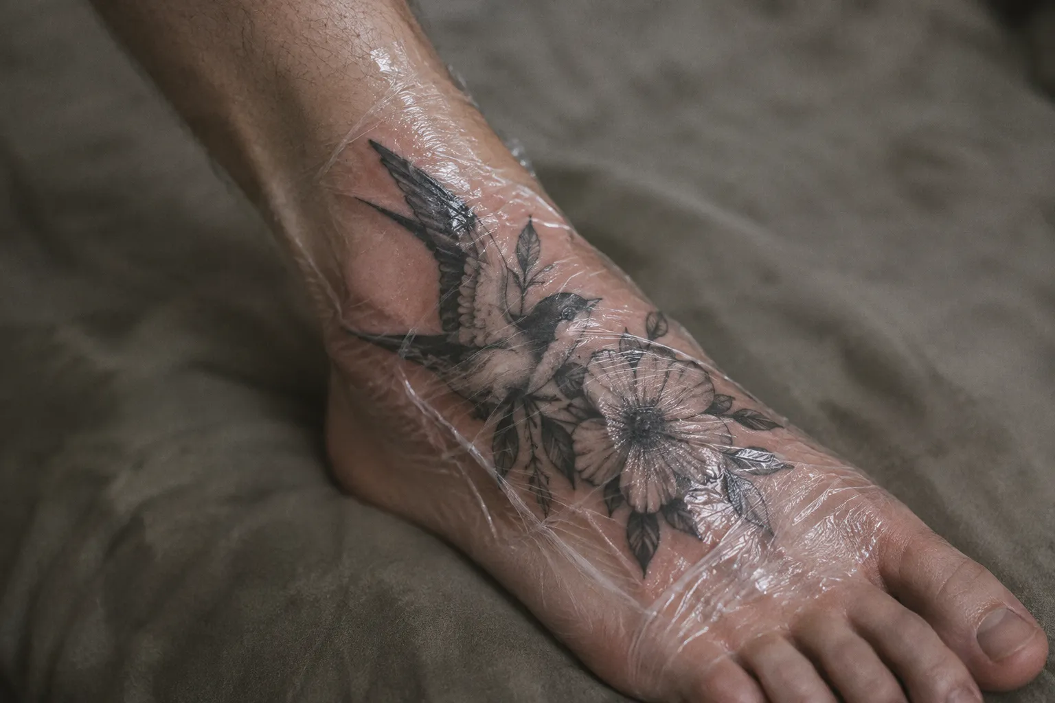 A fresh bird-and-flower tattoo covers the top of a foot wrapped in clear film.