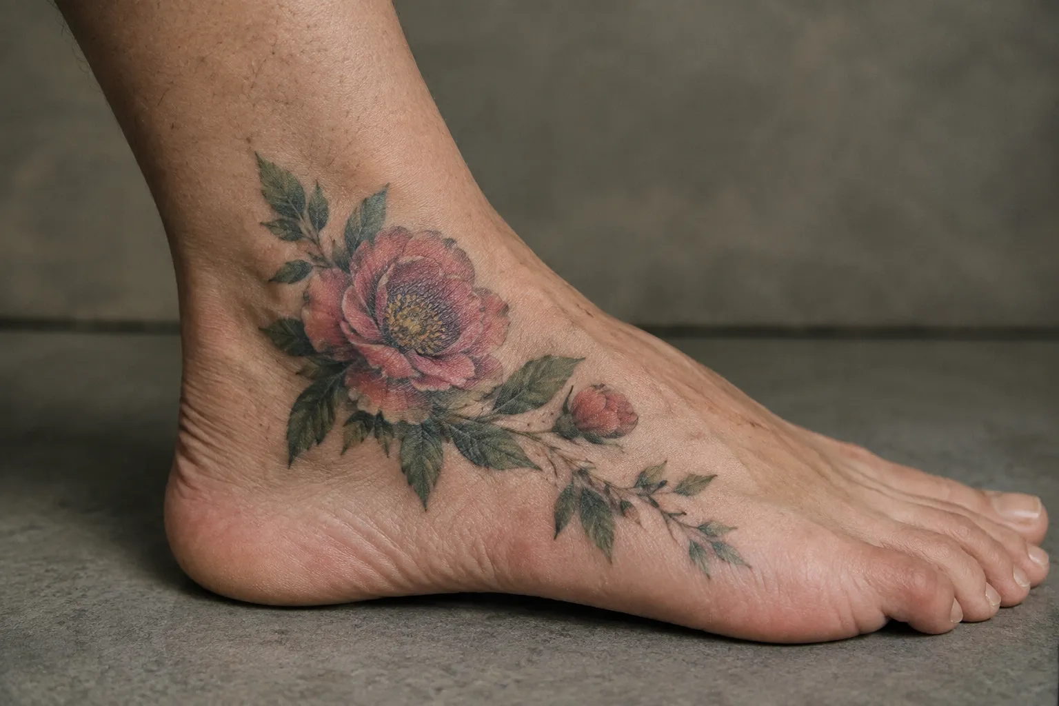 A floral tattoo runs along the side and top of a person's foot and ankle.