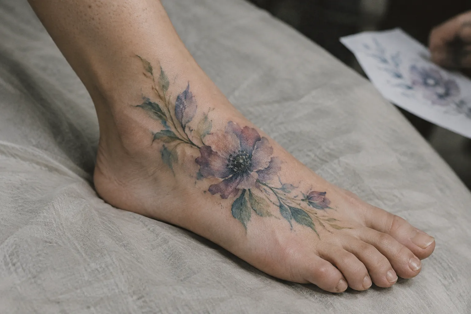 A watercolor floral tattoo covers the top of a foot resting on a studio table, its printed design sheet beside it.